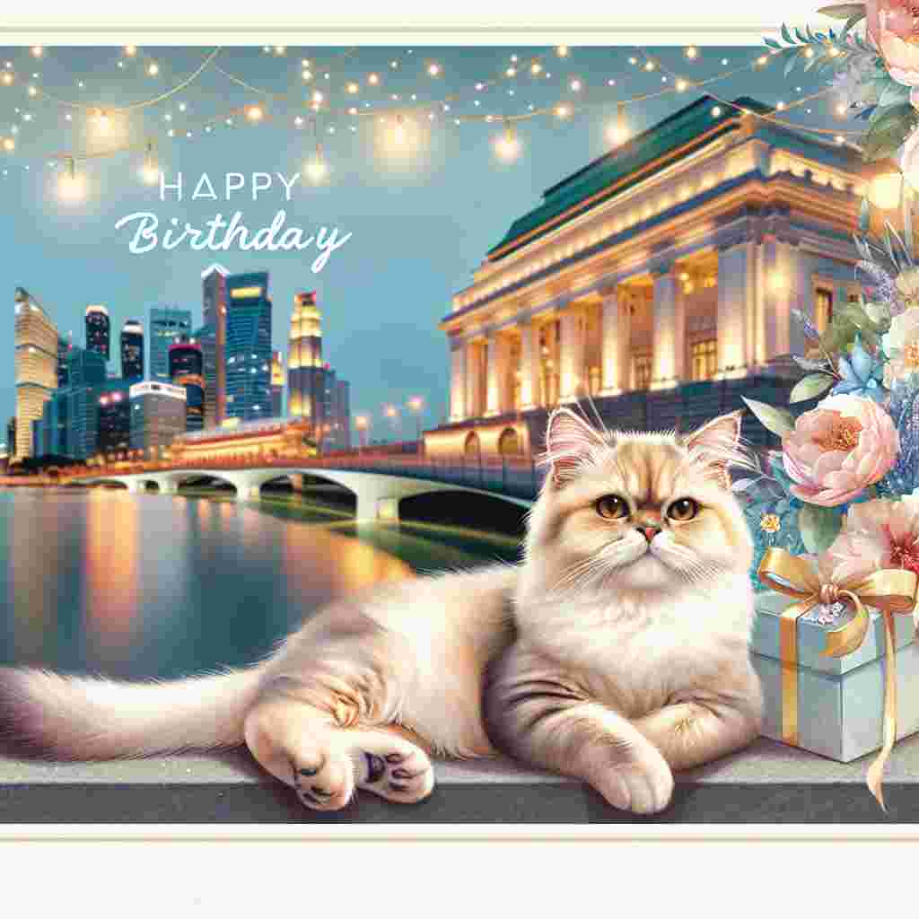 Featuring a serene scene, the card depicts Singapura cats lounging on the steps of the National Gallery Singapore, with strings of lights and soft floral decorations creating a festive atmosphere. The skyline of Singapore twinkles faintly in the distance. In the foreground, a simple yet elegant 'Happy Birthday' message completes the illustration, blending harmoniously with the charming surroundings.
Generated with these themes: Singapura Birthday Cards.
Made with ❤️ by AI.