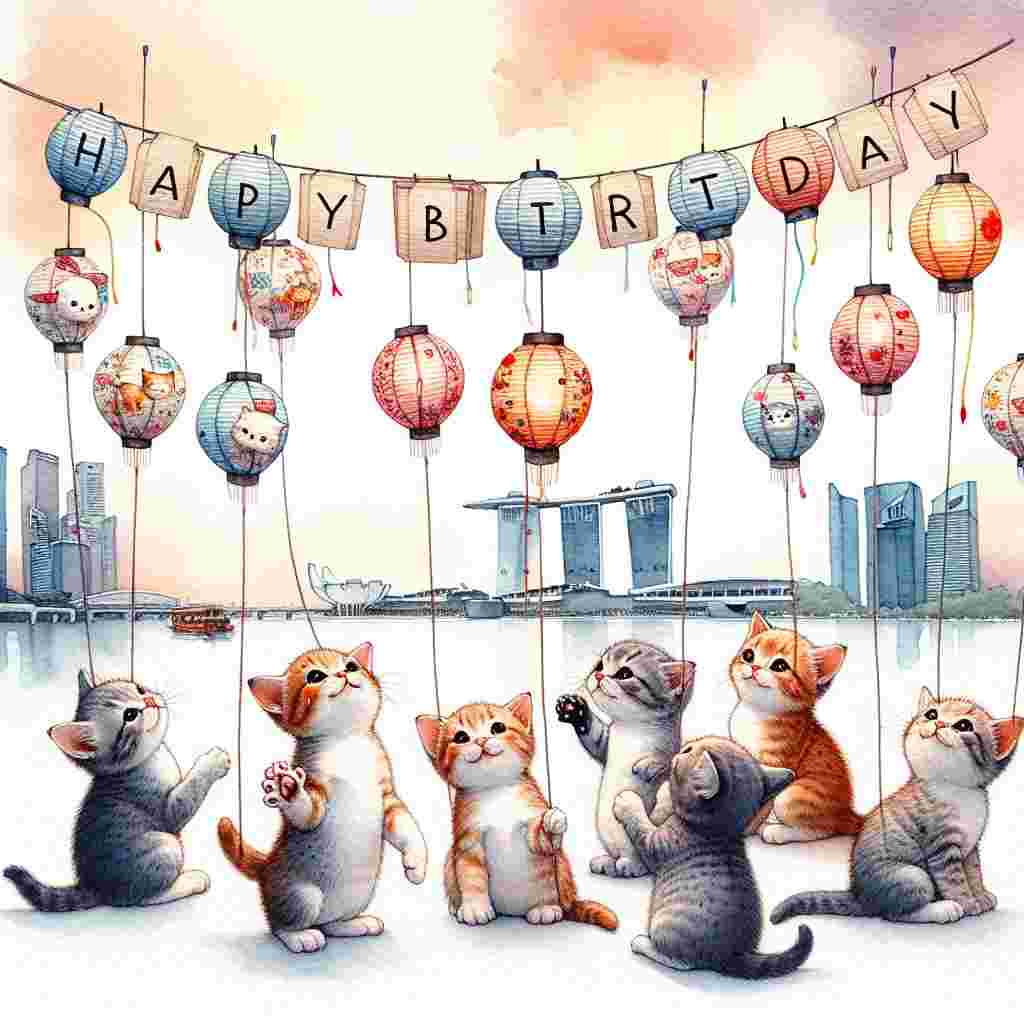This heartwarming card captures a group of Singapura kittens playing with a string of paper lanterns, each one decorated with a different iconic Singapore landmark. The background features a soft watercolor blend resembling a sunset over Marina Bay. Amidst the playful kittens, the text 'Happy Birthday' is integrated into the illustration in a fun, quirky typeface.
Generated with these themes: Singapura Birthday Cards.
Made with ❤️ by AI.