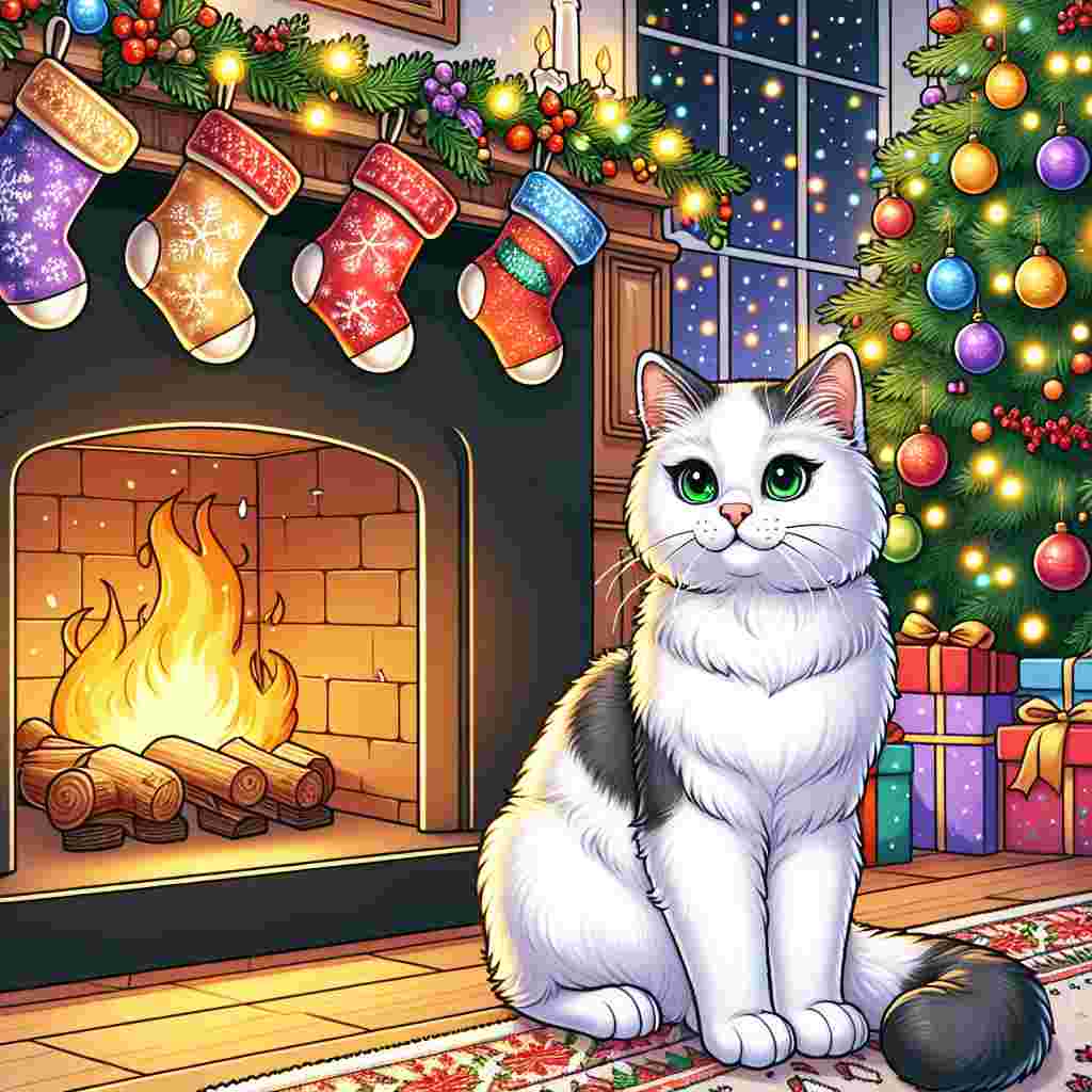Create a cozy cartoon-style Christmas scene filled with joy, with a main focus on an adult Domestic Shorthair cat perched near a warm fireplace. The feline features a sleek white furry coat that sparkles under the warm glow of the fireplace; its rich green eyes filled with curiosity add an interesting contrast to the scene. Above the fireplace, multi-colored stockings are hanging, each uniquely decorated. In the corner of the room, a Christmas tree decked with many colorful decorations and twinkling fairy lights completes the atmosphere of holiday cheer.
.
Made with ❤️ by AI.