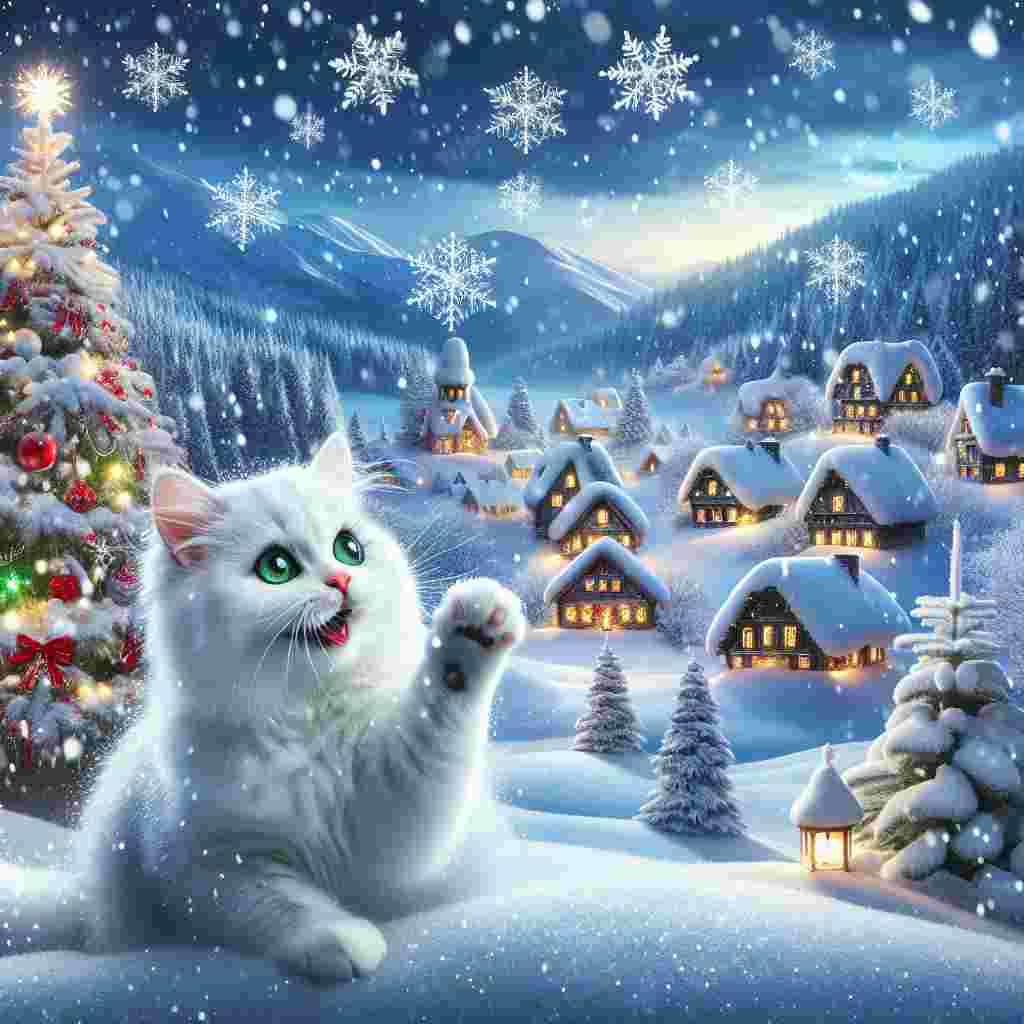 In the midst of a breathtaking winter wonderland, a lovely white Domestic Shorthair cat with enchanting green eyes joyfully interacts with falling snowflakes. At the background of this playful cat, an enchanting snowy Christmas vista shimmers with lights emanating from charming cottages nestled in. A magnificent tree, ornamented with festive decorations, stands regally, adding a splash of vibrant hues to the otherwise monochromatic snowy panorama.
.
Made with ❤️ by AI.
