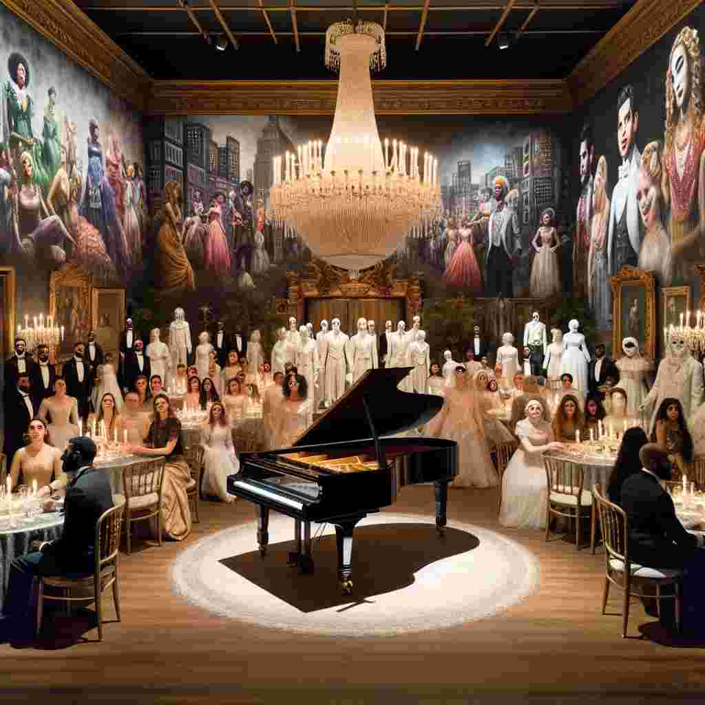 An intriguing blend of ordinary and extraordinary manifests in a lavish ballroom reminiscent of a 19th-century mansion. Dazzling chandeliers and baroque furniture enrich the space complemented by walls graced with animated paintings, each depicting scenes from famous musicals. A solitary grand piano occupies the center of the space, its keys moving autonomously, each note perfectly synchronized with the ongoing hum of human chatter. Guests, diverse in gender and descent, including, South Asian women, Black men, Hispanic men, and Middle-Eastern women, are clothed in Broadway-inspired costumes, blurring the lines between attendee and performer and turning the venue into an immersive, dream-like celebration.
Generated with these themes: Musical theatre.
Made with ❤️ by AI.