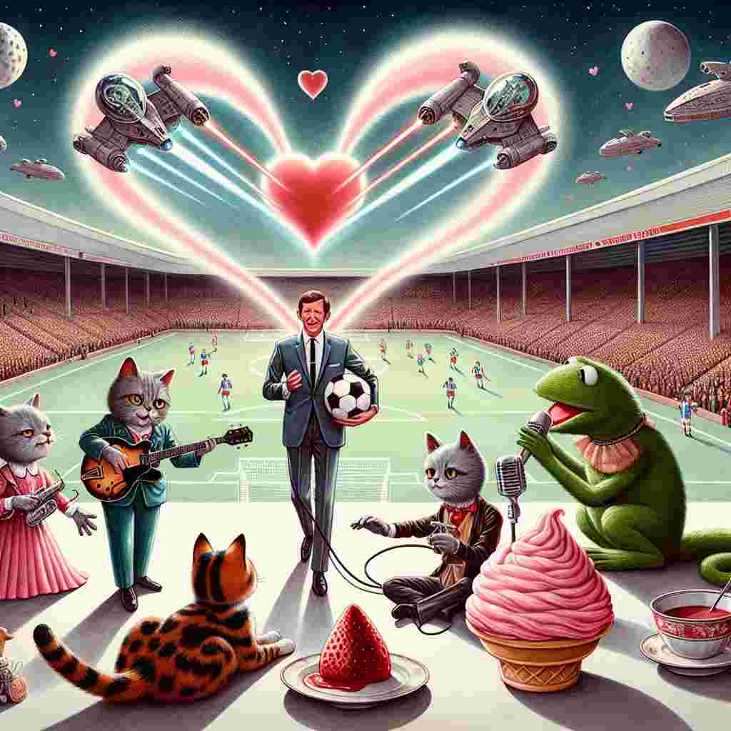 A whimsical and dreamlike illustration spreads the magic of Valentine's Day. A football coach stands at a famous soccer stadium, holding a heart-shaped football. Next to him, four musicians reminiscent of a legendary 60s British band, each cradle their instruments, as though serenading the crowd. Above them, sci-fi style space crafts create a heart in the sky using their blaster trails. A delicious looking scoop of strawberry ice cream sits atop a cone nearby, with two cute calico cats playfully swiping at the cream, their tails entwining to form a heart. Amid this charming merriment, a green frog puppet and its pink pig puppet companion, dressed as sci-fi princess and rogue space adventurer, share a sweet moment that consolidates the loving and fantastical vibe of the scene.
Generated with these themes: Jurgen Klopp , The Beatles , Star Wars , Ice cream, Calico cats, and The Muppets .
Made with ❤️ by AI.