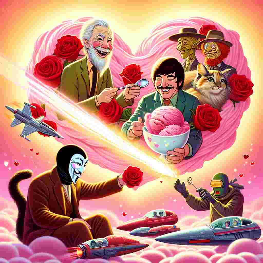 In a whimsical Valentine's Day-inspired illustration, an anonymous football coach lovingly taps a rose-embellished football in the direction of a beaming calico cat. Behind them, four characterful musicians from the 60s, stylized as caricatures in a famous animated film, drift on a strawberry ice cream cloud. Each musician possesses a luminescent energy sword, lending a heartwarming radiance. The sci-fi influence continues with futuristic fighter spaceships forming a heart-shaped configuration against the cotton candy sky. Down on the earth, a collection of puppet-like characters, including a wild drummer and an eccentric creature with a long nose, are merrily piling high a chocolate ice cream sundae, adding an extra splash of whimsy and decadence to the otherworldly love-filled commemoration.
Generated with these themes: Jurgen Klopp , The Beatles , Star Wars , Ice cream, Calico cats, and The Muppets .
Made with ❤️ by AI.