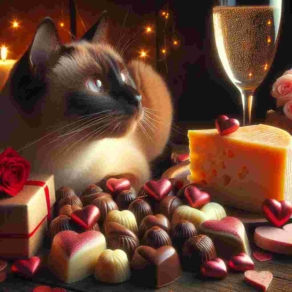 The image portrays an endearing Siamese cat staring affectionately towards an assortment of Valentine's day delights. Arranged before it, a delicate collection of chocolates molded into heart shapes encapsulates the spirit of the celebration. Adjacent to it, a slice of fragrant cheese introduces a savory element amongst the sweetness. In the background, a glass of sparkling cider is subtly illuminated by the gentle luminescence of the descending sun, forging a snug and captivated Valentine's atmosphere.
Generated with these themes: Cat, Chocolate, Cheese, and Cider.
Made with ❤️ by AI.