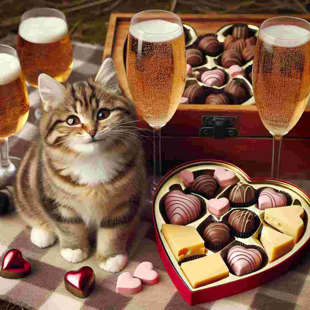 Create a lively Valentine's Day-themed image featuring a cute, tabby cat with a playful twinkle in its eyes sitting next to a box of high-end chocolates. Beside the cat, a heart-shaped platter abundant with cheese and a few nibbles on them is placed attractively. In the backdrop, two sophisticated filled glasses with fizzy cider are set over a picnic blanket, embodying a combination of romance and fun.
Generated with these themes: Cat, Chocolate, Cheese, and Cider.
Made with ❤️ by AI.