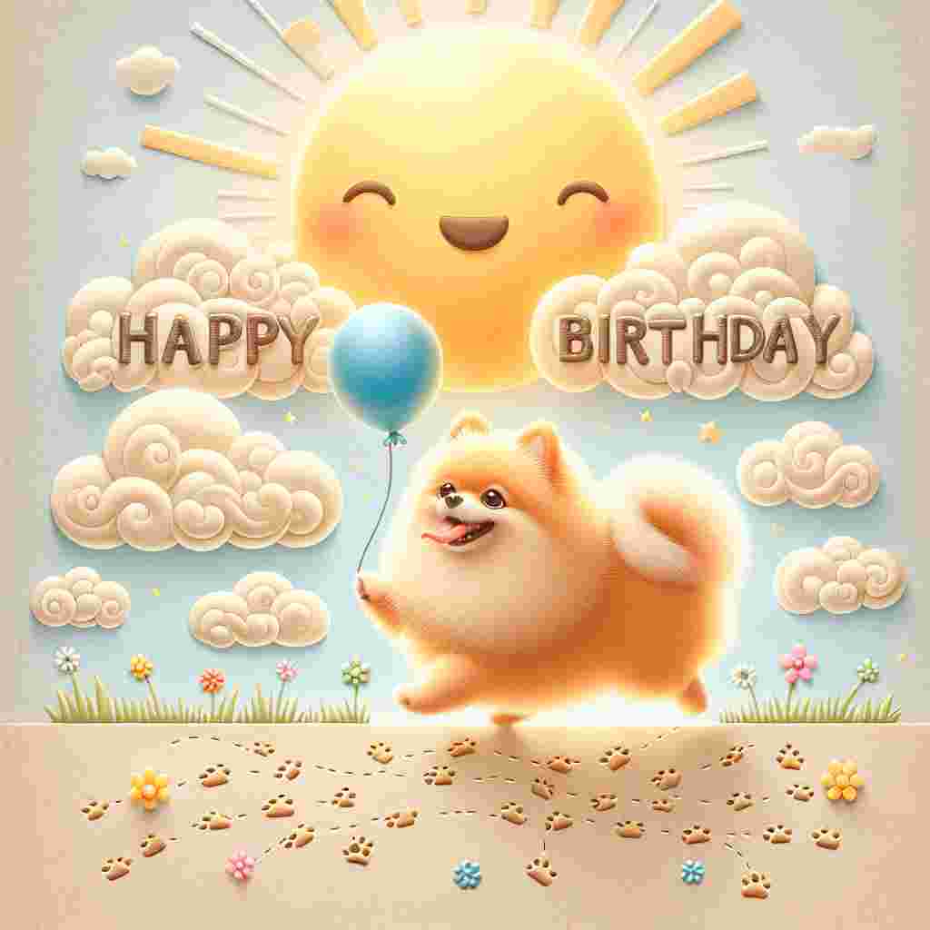 A whimsical drawing where a Pomeranian trots along a path of paw prints, carrying a birthday balloon in its mouth. In the sky, clouds spell out 'Happy Birthday' with the sun smiling down on the festive scene.
Generated with these themes: Pomeranian  .
Made with ❤️ by AI.