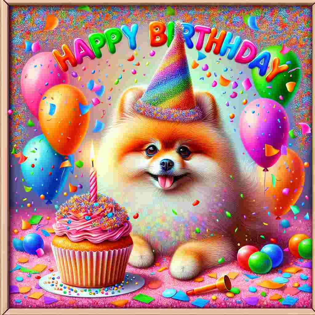 A colorful illustration featuring a fluffy Pomeranian wearing a party hat, surrounded by balloons and confetti. The dog sits beside a cupcake with a single lit candle. Above in cheerful lettering is the text 'Happy Birthday'.
Generated with these themes: Pomeranian  .
Made with ❤️ by AI.