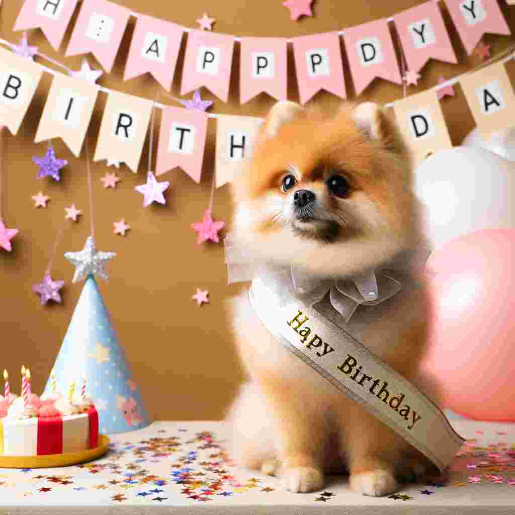 An endearing Pomeranian adorned with a birthday sash sits at the center of the illustration. Behind it, a banner draped with the words 'Happy Birthday' flutters. The background is dotted with stars and tiny birthday hats.
Generated with these themes: Pomeranian  .
Made with ❤️ by AI.