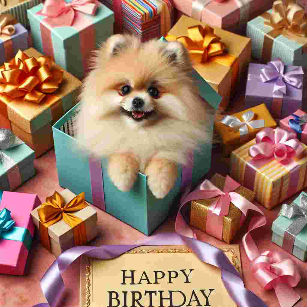 A charming birthday scene with a Pomeranian peeking out of a gift box amidst a pile of presents. Ribbons and bows are scattered around, and 'Happy Birthday' is written in a fun, bold font across the top.
Generated with these themes: Pomeranian  .
Made with ❤️ by AI.