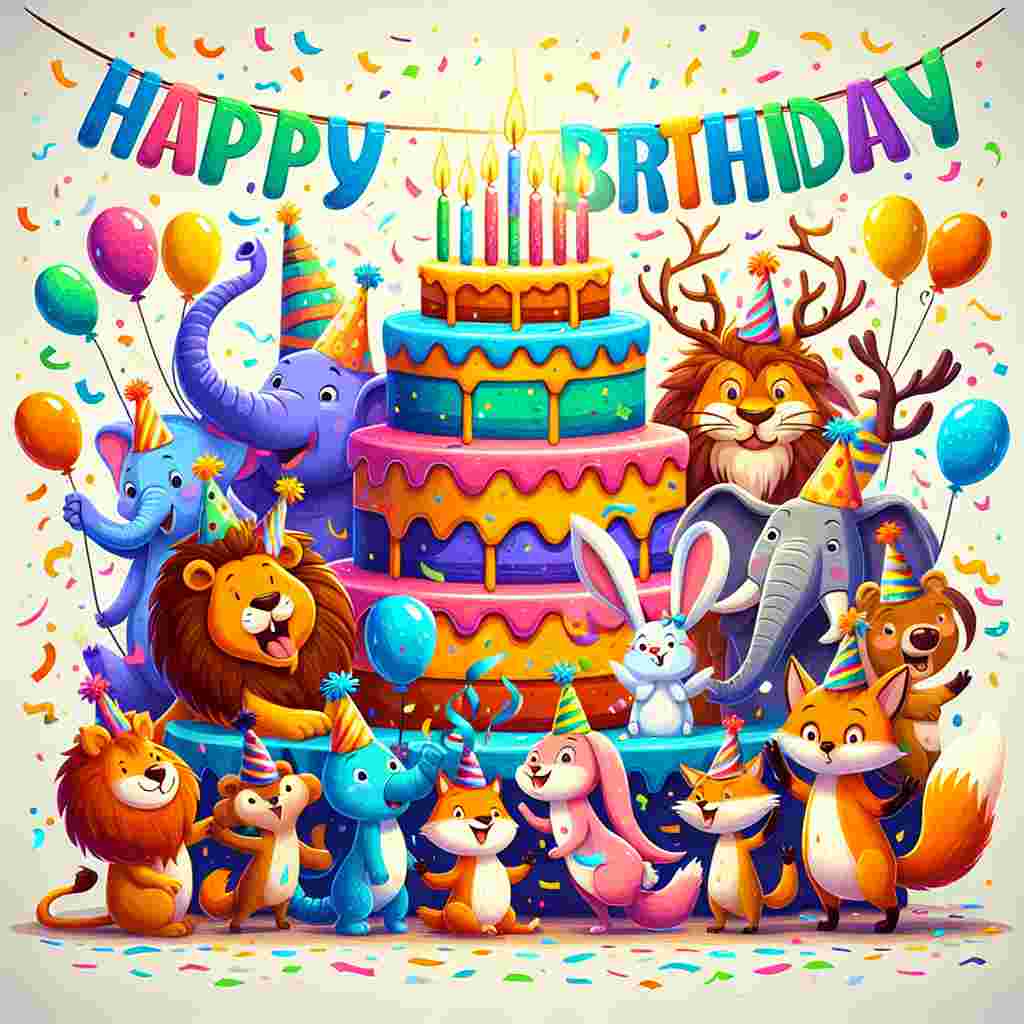 A whimsical illustration features a group of cartoon animals wearing party hats gathered around a large, colorful cake with candles. Confetti dots the air, and 'Happy Birthday' is written in playful, bold letters above the scene.
Generated with these themes: alternative  .
Made with ❤️ by AI.