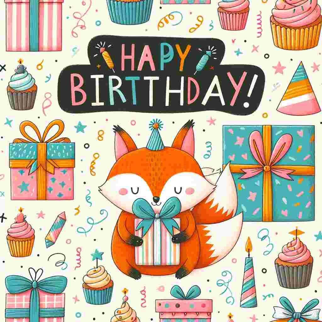 A pattern of illustrated pastel presents, cupcakes, and party hats creates a fun background for a central image of a cute cartoon fox holding a birthday gift. Above the fox, 'Happy Birthday' is written in a colorful, festive font.
Generated with these themes: alternative  .
Made with ❤️ by AI.
