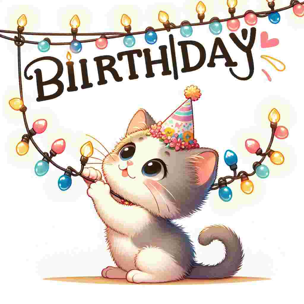 The design showcases an adorable kitten with a party hat, standing on its hind legs, reaching for a hanging string of decorative lights. A banner with the phrase 'Happy Birthday' stretches across the top corner, framing the scene.
Generated with these themes: alternative  .
Made with ❤️ by AI.