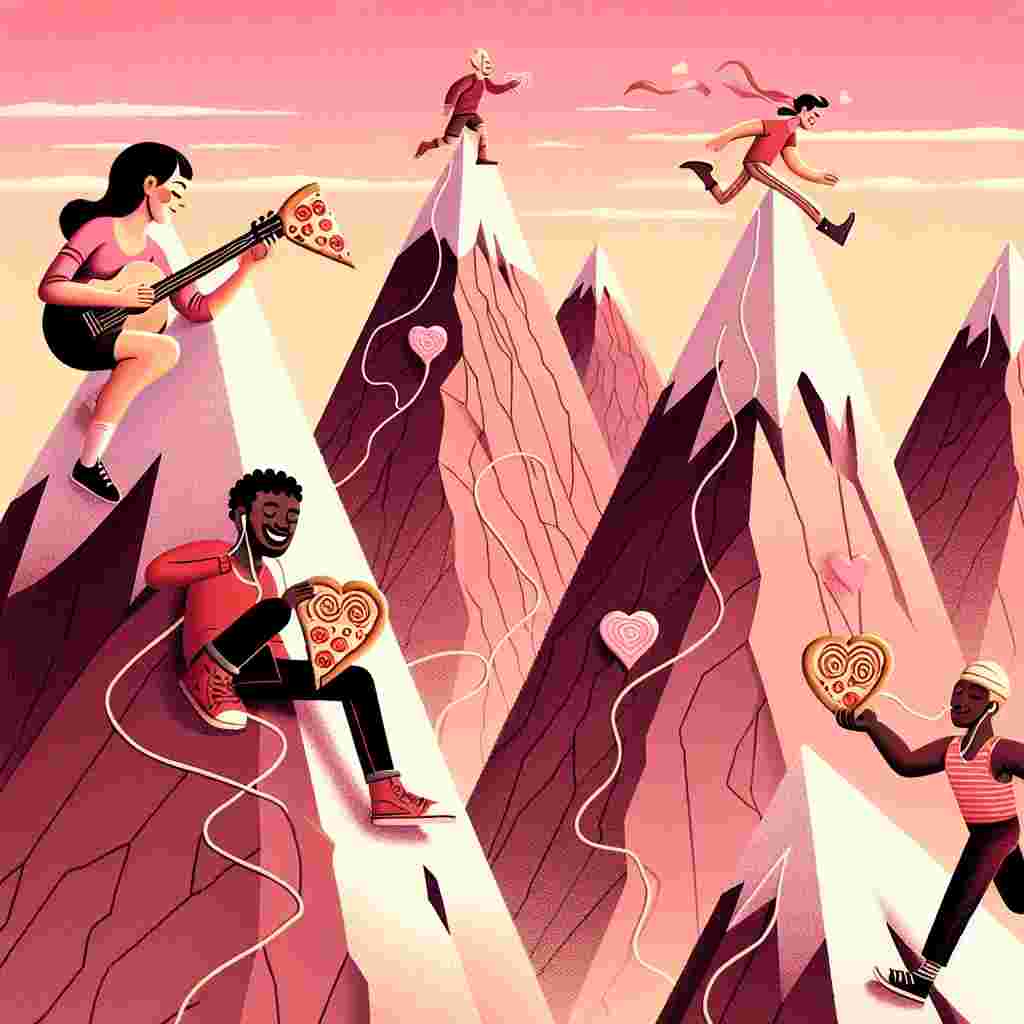 For a charming Valentine's Day illustration, depict a playful scene set against a backdrop of towering mountains that resemble crinkled love letters. In the foreground, a caucasian woman and a black man, are climbing these peaks—pausing to exchange a slice of pizza. Above them, a Hispanic woman and a South Asian man are running along a winding trail, sharing earbuds, and enjoying a rhythmic love song playing from a nearby guitar. The entire scene is washed in warm pink hues resonant with the joy and companionship of the holiday.
Generated with these themes: Climbing, running, mountains, guitar, pizza.
Made with ❤️ by AI.