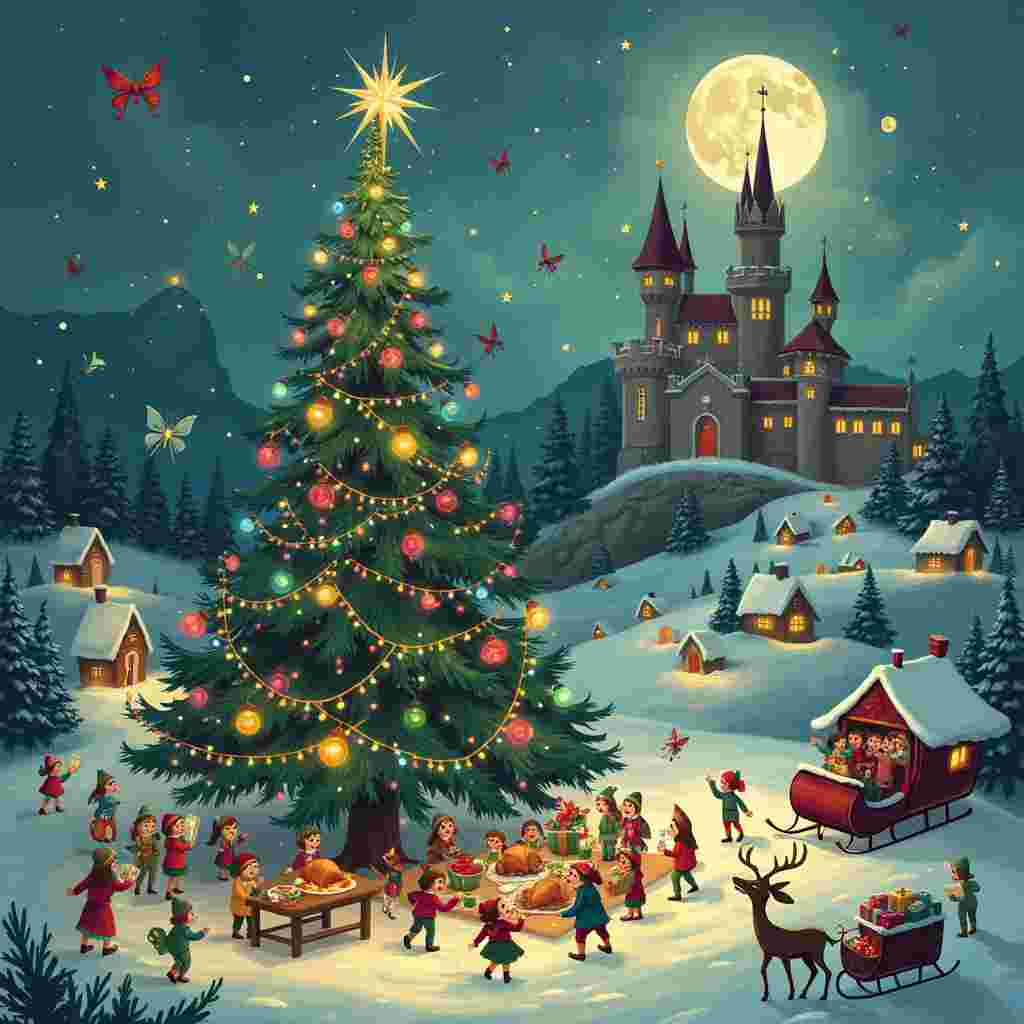 In the middle of a snowy landscape, under a full, glowing moon, stands a magnificent castle adorned with twinkling fairy lights that cast a magical glow over the scene. At the heart of this festive tableau, a grand Christmas tree towers over everything, its branches heavy with whimsical ornaments and strings of brightly colored lights. The tree is surrounded by bustling elves and fairies, each dressed in festive attire, some with tiny wings flitting about as they hang more decorations and tinsel.

To the left of the tree, a joyous party is in full swing. Elves in comical, oversized party hats and fairies with sparkling wands dance and sing carols, their voices depicted as musical notes floating into the night sky. Snowflakes gently fall around them, adding to the wintry charm. A group of them gathers around a grand feast laid out on an enormous wooden table, overflowing with roasted turkeys, bowls of steaming vegetables, and festive treats like plum pudding and mince pies. 

On the right, a choir of elves and fairies is serenading the moon, their faces alight with joy. Their tiny mouths are wide open, and some hold songbooks, the lyrics visible on the pages. Just below them, there's an enchanting isle—the Isle of Man—transformed into a whimsical fairyland. Tiny, illuminated Manx cottages with their distinctive thatched roofs dot the island, and a miniature version of the famous Manx triskelion flag waves proudly atop a small hill.

In the background, the castle's turrets are capped with snow, and fairy lights wrap around each spire, twinkling like stars. A pair of reindeer, their antlers decorated with baubles, pull a sleigh packed with gifts, which a group of elves is busily unloading.

The entire scene is a bustling, joyful celebration of Christmas, blending elements of fairy tales and festive cheer, captured in the style inspired by the cartoon legends but with a unique, quirky twist.
Generated with these themes: Christmas tree, Snow, Party, Castle, Moon, Singing, Feast, Isle of man, Fairies, Elves, and Fairy lights.
Made with ❤️ by AI.