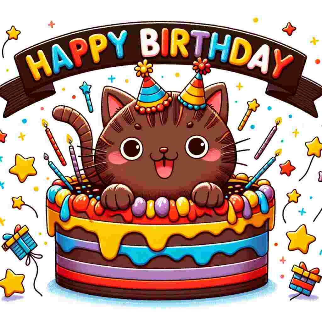 A charming illustration features a York Chocolate cat playfully popping out of a birthday cake with a mischievous grin. The 'Happy Birthday' text encircles the image in a banner-like manner, complemented by scattered stars and party hats to complete the birthday theme.
Generated with these themes: York Chocolate Birthday Cards.
Made with ❤️ by AI.