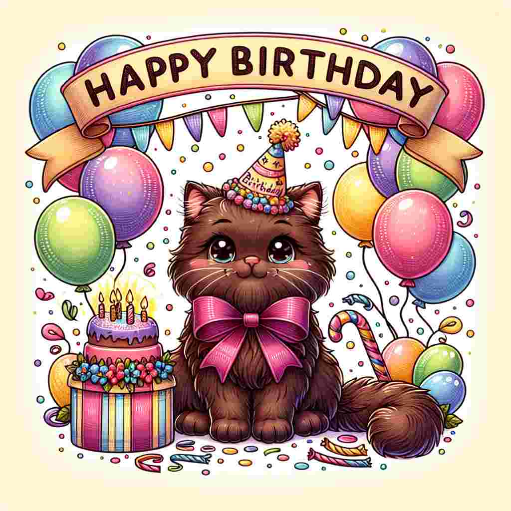 A whimsical illustration showcasing a playful York Chocolate cat wearing a festive birthday hat, surrounded by colorful balloons and confetti. The card displays a banner with the text 'Happy Birthday' in cheerful, bold letters above the cat, creating a heartwarming birthday scene.
Generated with these themes: York Chocolate Birthday Cards.
Made with ❤️ by AI.