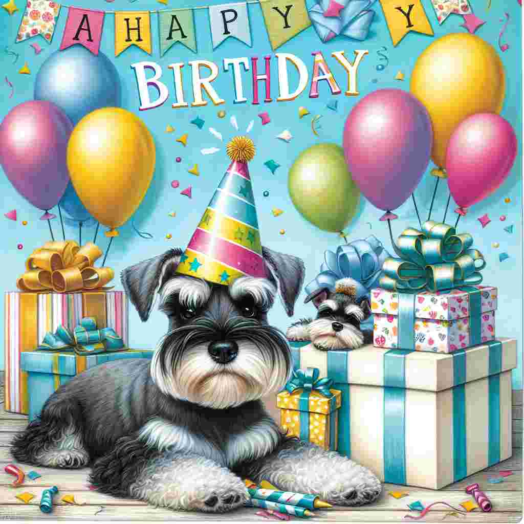 A whimsical birthday card showcases a Miniature Schnauzer wearing a colorful party hat sitting next to a pile of presents. Balloons float in the background, and above the playful scene, 'Happy Birthday' is written in cheerful, bold lettering.
Generated with these themes: Miniature Schnauzer  .
Made with ❤️ by AI.