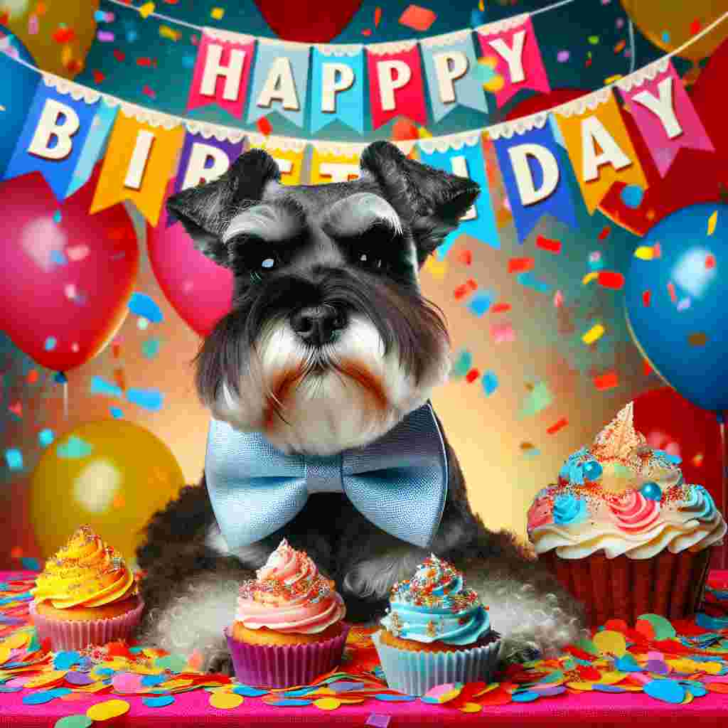 The scene features a charming Miniature Schnauzer with a bow tie, surrounded by confetti and cupcakes. A banner stretches across the top with the phrase 'Happy Birthday' emblazoned in festive script, complementing the joyous atmosphere.
Generated with these themes: Miniature Schnauzer  .
Made with ❤️ by AI.