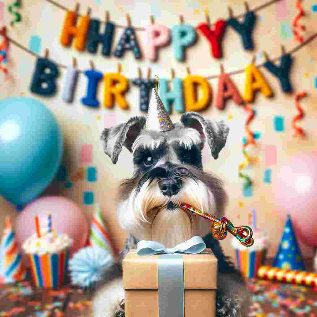 An endearing scene shows a Miniature Schnauzer holding a birthday gift in its mouth, with a party whistle blaring. The background is scattered with party hats and streamers, and the words 'Happy Birthday' float above in a fun, bubbly typeface.
Generated with these themes: Miniature Schnauzer  .
Made with ❤️ by AI.