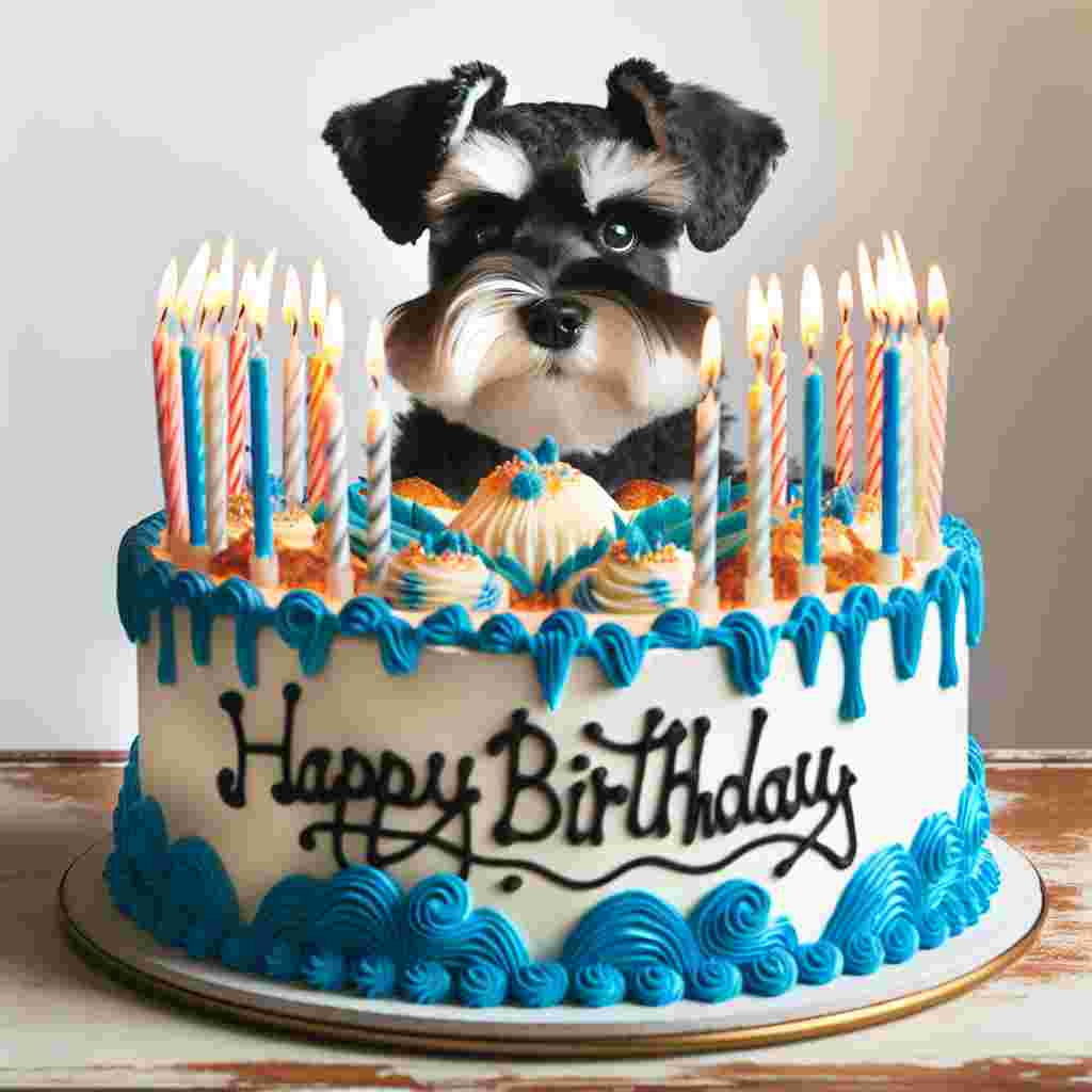 A cute illustration depicts a Miniature Schnauzer peeking out from behind a large birthday cake adorned with candles. The cake is the centerpiece, with the message 'Happy Birthday' playfully scrawled along the cake's base in icing.
Generated with these themes: Miniature Schnauzer  .
Made with ❤️ by AI.