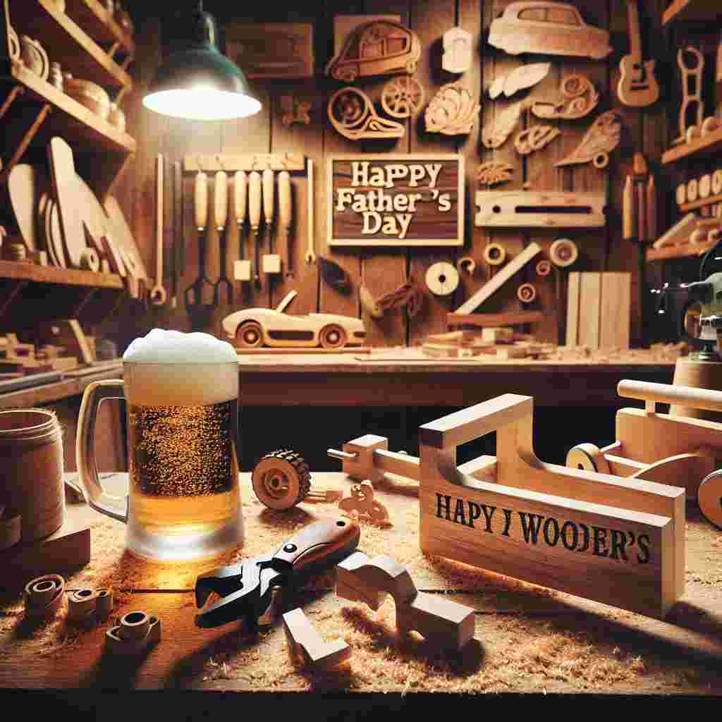 Envision a warm, well-lit woodworking shop filled with assorted handmade wooden creations that radiate rustic charm. A wooden bottle opener, personalized with the inscription 'Happy Father's Day', prominently hung alongside a half-finished wooden model of a classic car, indicating a devoted project in progress. There's an aroma of fresh-cut wood in the air, intertwined with the quiet hum of a woodworking machine, contributing to the all-embracing atmosphere. A cool mug of frothy beer rests on a sturdy oak workbench, with tiny bubbles ascending to its surface - an enticing reward eagerly waiting for a pause in this labor of love.
Generated with these themes: Woodwork, and Beer.
Made with ❤️ by AI.