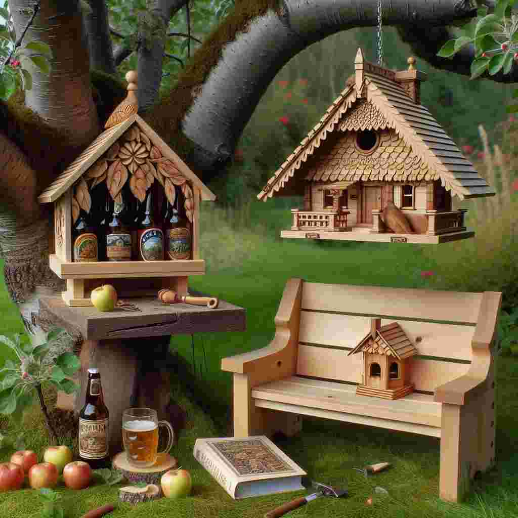 A peaceful backyard scene, filled with signs of paternal hobbies. Under the branches of an apple tree, there's a handcrafted wooden bench inviting for a moment of respite. Atop the bench, there lies an intricately designed beer holder, filled with an assortment of specialty beers. Next to it, a book about the art of woodworking. Hanging from the tree is a meticulously crafted birdhouse, mirroring the design of a miniature craftsman house with fine wooden shingles and a miniscule porch. The detailed workmanship and the gentle touch of a father is clearly perceived in the realistic design of this birdhouse.
Generated with these themes: Woodwork, and Beer.
Made with ❤️ by AI.