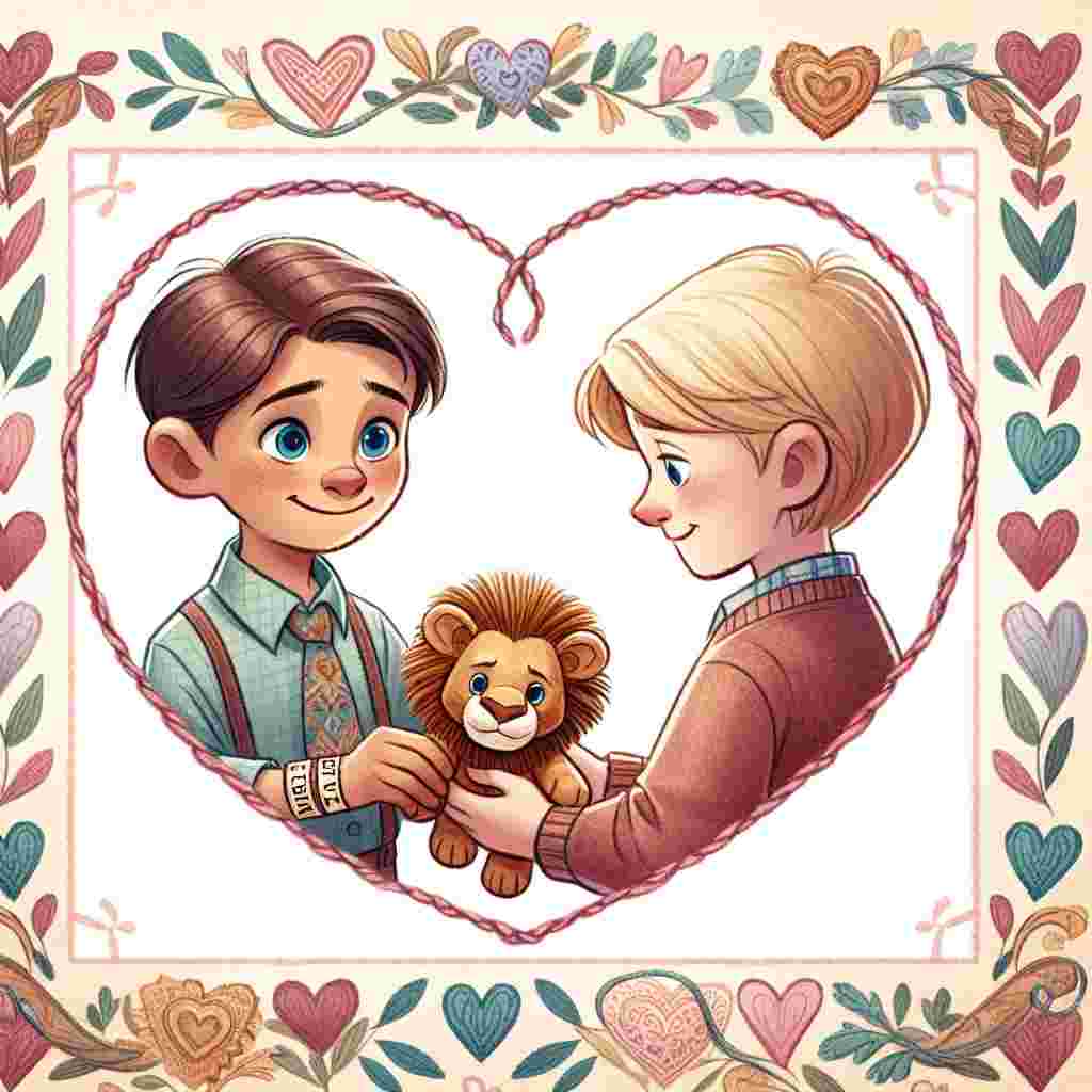 Create a comforting Valentine's Day illustration. Show a 13-year-old Caucasian boy presenting a lion plush toy to his older brother. This boy should have appealing blue eyes and neatly trimmed brown hair. His love for lions should be highlighted by his thrilled expression. Decorate the scene with a border of interwoven hearts in gentle pastel hues, symbolizing the warmth and care associated with the holiday. Add an interesting detail where the word 'Brother' is inscribed on the boy's wristband, establishing a setting of sibling love.
Generated with these themes: 13 year old, Boy, Blue eyes, Brown hair short, Loves lions , and Brother.
Made with ❤️ by AI.