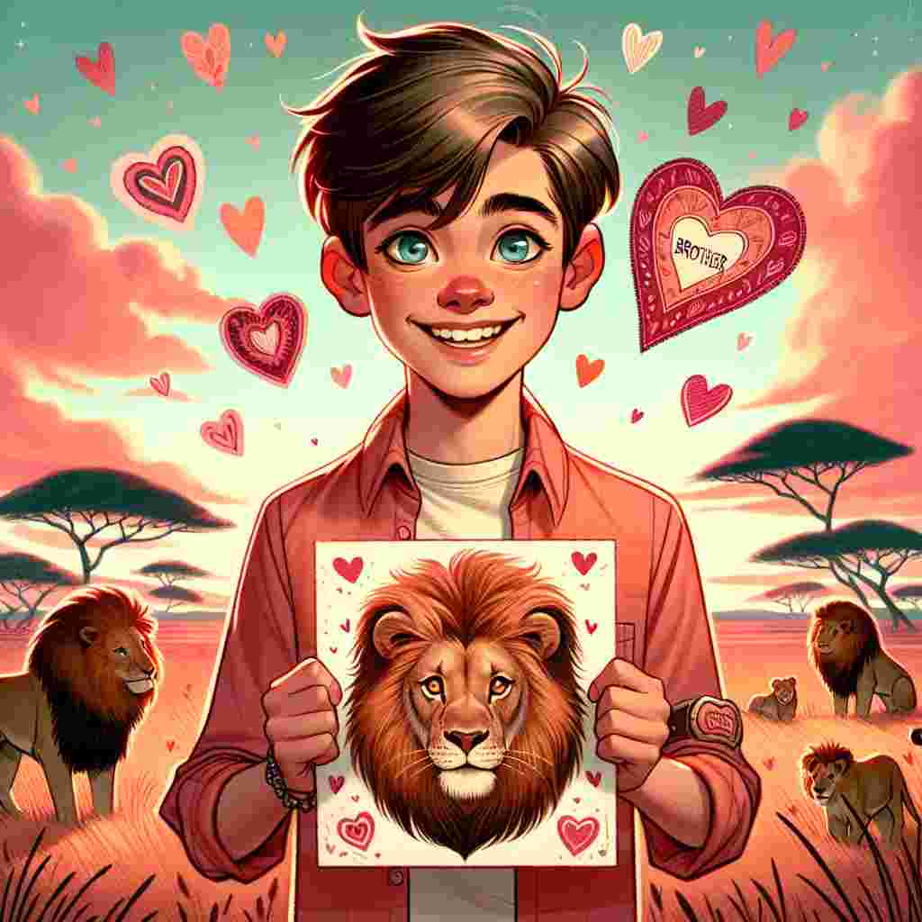 Create an endearing Valentine's Day illustration with a 13-year-old boy. He is of Mexican descent, with bright blue eyes and short brown hair. The boy sports a wide grin as he holds a handmade Valentine card inspired by lions, displaying his fondness for the these incredible creatures. He stands before a background depicting a savanna filled with heart motifs, all under a sky ablaze with pink and orange hues of twilight, further emphasizing his passion for lions. A minor but heartwarming detail is a small heart-shaped badge on his shirt bearing the word 'Brother', adding a touch of sibling affection to this special occasion.
Generated with these themes: 13 year old, Boy, Blue eyes, Brown hair short, Loves lions , and Brother.
Made with ❤️ by AI.