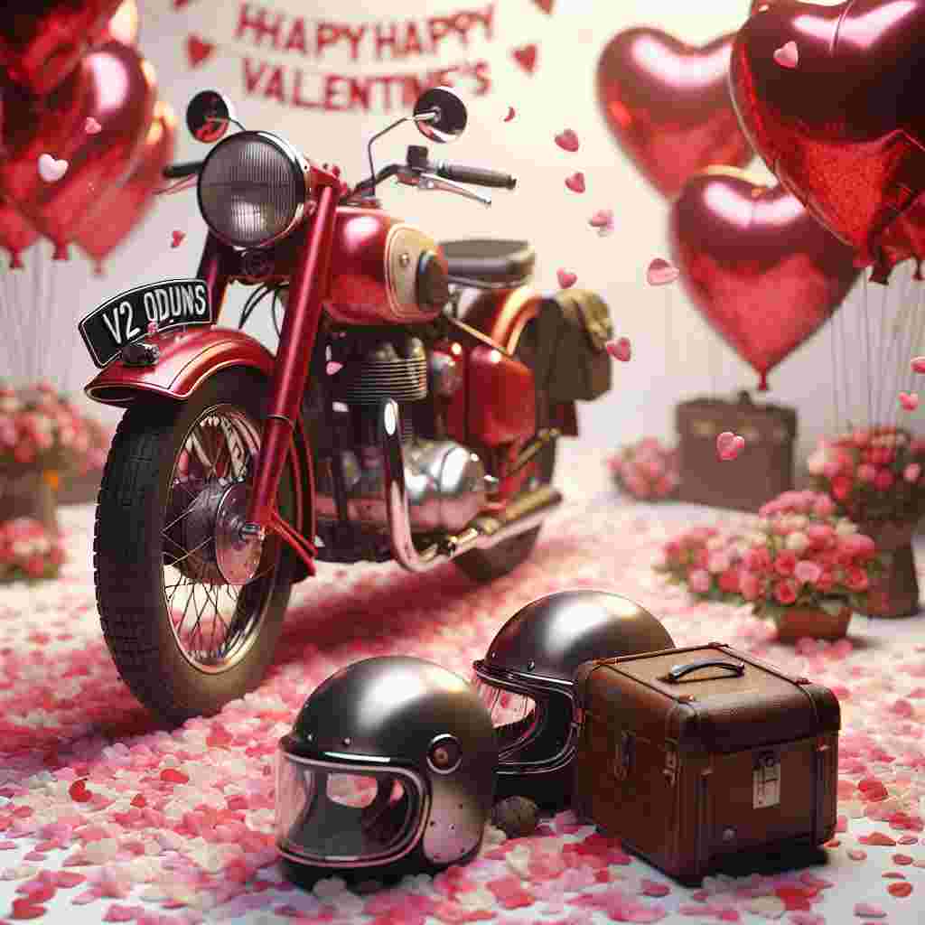 Create a romantic Valentine's Day scene featuring a vintage, cherry red motorbike with prominent license plate reading 'V2 ODD'. The motorcycle is parked under a sea of heart-shaped balloons. A shower of pink and white petals surrounds it, giving a gentle hint of a romantic escapade. In the foreground, two helmets lie next to each other, subtly signifying an adventure-seeking couple's imminent journey of love.
Generated with these themes: Harley Davidson motorbike registration V2 ODD.
Made with ❤️ by AI.