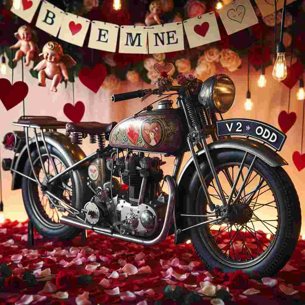 A vintage motorbike, modeled after classic designs, takes the spotlight in a romantic Valentine's Day setting. The bike, identifiable by the quirky license plate 'V2 ODD', is embellished with detailed heart patterns and images of adorable cherubs. It's parked on a pile of scattered rose petals. Above it, a banner gently sways, inscribed with the sentiment 'Be Mine'. The metal parts of the motorbike cast a reflective sheen in the soothing light of hanging string lights, establishing a snug and heartfelt ambiance for the celebration of love.
Generated with these themes: Harley Davidson motorbike registration V2 ODD.
Made with ❤️ by AI.