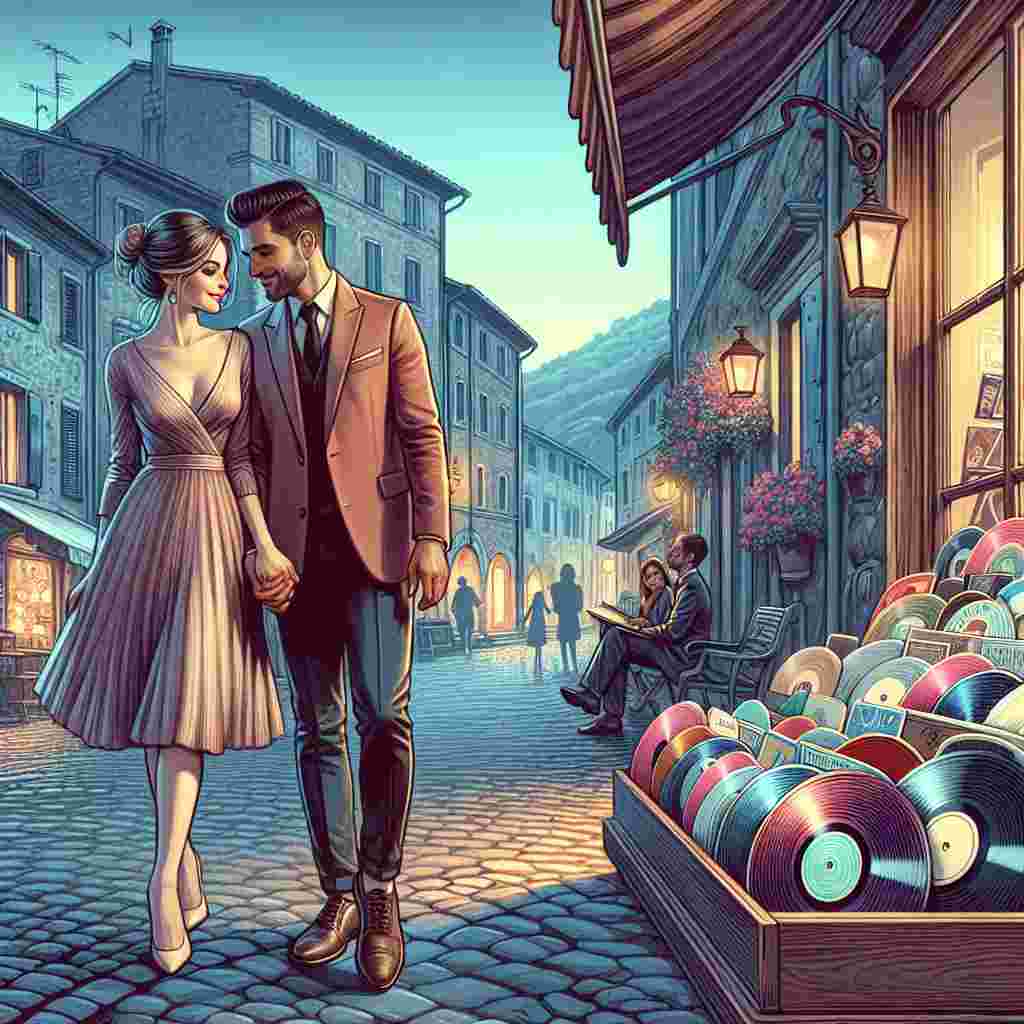 Create a captivating Valentine's Day illustration. It features a Caucasian man and a Hispanic woman in love, walking hand in hand through the cobblestone streets of a picturesque Italian village during an evening. They are sharing a warm moment in contrast with the cool atmosphere around them. As they stroll, they pass by a vintage record shop full of colorful vinyl records, some of which have classic Italian love songs on display. The entire scene is bathed in a delicate, romantic glow, embodying the timeless narrative of love and music in this scenic location.
Generated with these themes: Walking, Vinyl records, and Italy.
Made with ❤️ by AI.