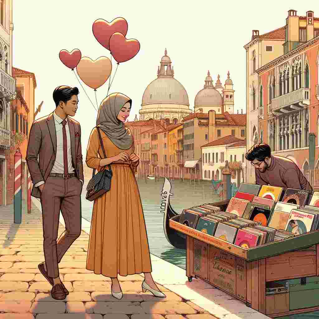 Create an illustration for a special day depicting a tranquil scene where an Asian man and a Middle-Eastern woman, presumably a couple, are strolling alongside beautiful Venetian canals. They're drawn to pause and admire a collection of vinyl records from a street vendor, with sweet romantic music permeating the serene atmosphere, lending it an aura of love and nostalgic allure. Visible in the backdrop is the hallmark of captivating Italian architecture, further enriched by the presence of gently swaying heart-shaped balloons. This interweaves the true charisma of Italy into their romantic exploration.
Generated with these themes: Walking, Vinyl records, and Italy.
Made with ❤️ by AI.