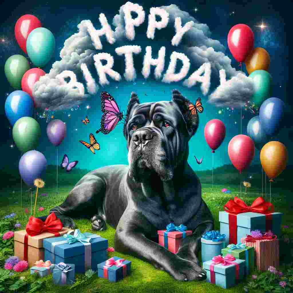 The illustration presents a Cane Corso lying on a grassy field, surrounded by birthday presents and balloons, with a butterfly resting on its nose. In the sky above, clouds are arranged to spell out 'Happy Birthday,' bringing a magical touch to the design.
Generated with these themes: Cane Corso  .
Made with ❤️ by AI.