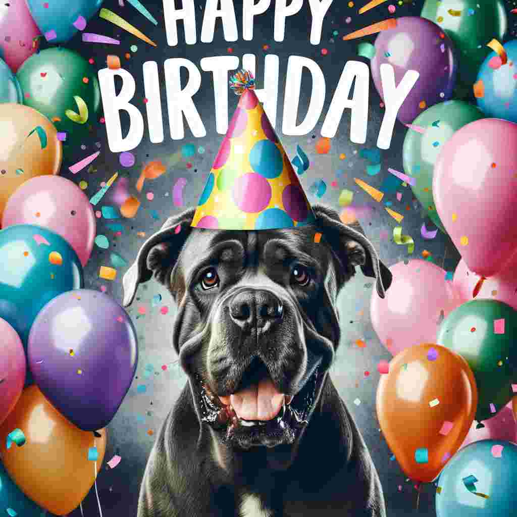 A joyful birthday illustration featuring a smiling Cane Corso wearing a colorful party hat amidst a background of balloons and confetti. The 'Happy Birthday' text is playfully integrated above the dog's head with a friendly and vibrant font.
Generated with these themes: Cane Corso  .
Made with ❤️ by AI.