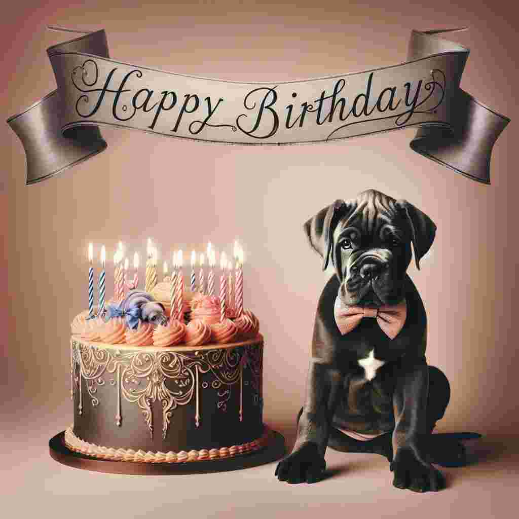 This birthday scene showcases a Cane Corso puppy with a bow tie next to a large, delicious-looking birthday cake topped with candles. 'Happy Birthday' is written in elegant cursive on a banner draped across the top of the illustration.
Generated with these themes: Cane Corso  .
Made with ❤️ by AI.