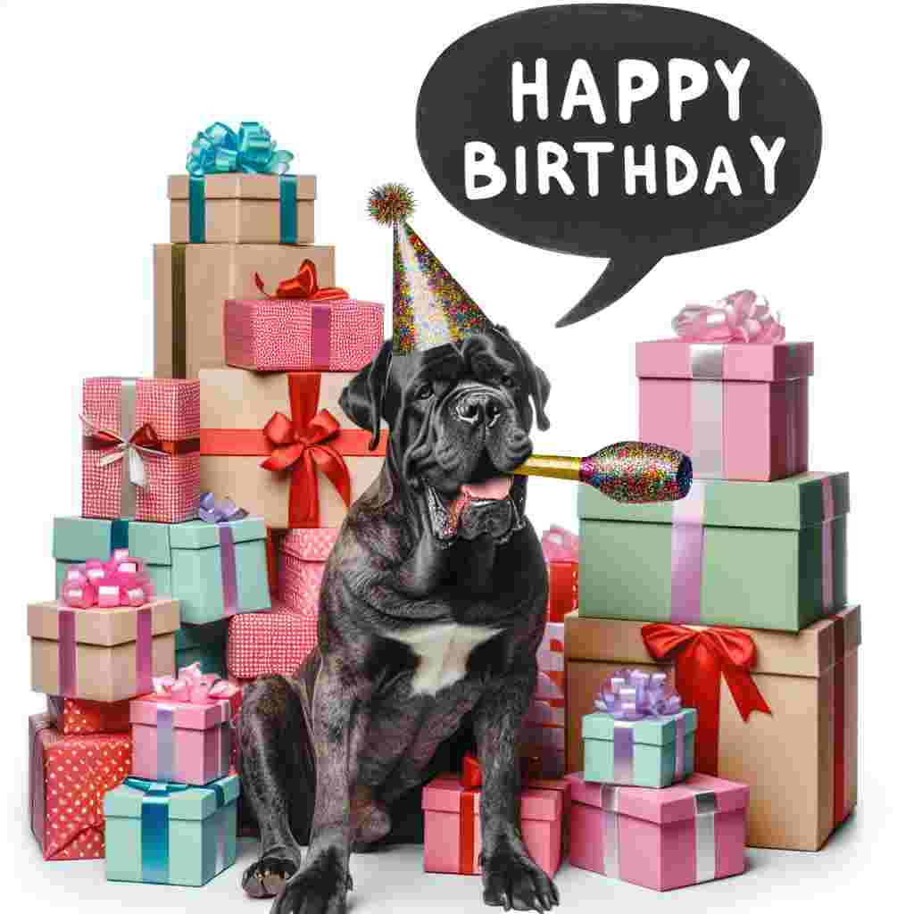 An adorable Cane Corso is seated amidst a pile of beautifully wrapped gifts, a party blower in its mouth. Above its head, the scene is completed with 'Happy Birthday' written inside a speech bubble, giving the impression that the dog is excitedly barking out the celebratory words.
Generated with these themes: Cane Corso  .
Made with ❤️ by AI.