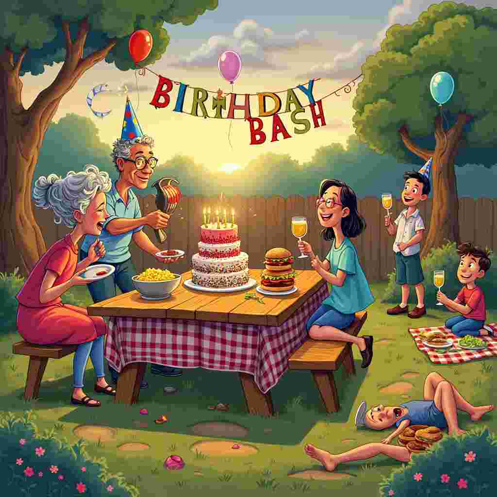 On the front cover of the birthday greeting card, imagine a bustling backyard barbecue scene in the early evening, with the last light of day giving a golden hue to everything. The scene is brimming with detailed elements, each carefully placed to create a vivid picture.

In the center, a large, old wooden picnic table is covered with a cheerful red-and-white checkered tablecloth. Atop it, a cake stands proudly—a multi-layered confection with colorful, uneven icing and lit candles that spell out the recipient's age, humorously misaligned. The cake is surrounded by various dishes: a bowl of bright yellow potato salad, a platter of hot dogs with whimsical, squiggly mustard and ketchup, and a comically tall stack of burgers, each one a little messier than the last.

Around the table, family and friends are animatedly engaged. On one side, an enthusiastic grandma, with her curly gray hair and cat-eye glasses, is energetically handing a plate to a young kid who’s wearing an oversized party hat that's slipped over one eye. The kid is holding a balloon shaped like a dinosaur, which hovers amusingly close to the cake.

To the left of the table, an uncle is expertly flipping burgers on a grill, which has an exaggeratedly large flame, with a plume of smoke curling into the sky and forming the words “Happy Birthday!” In the background, a makeshift banner made of colorful, mismatched letters is strung between two trees, reading “BIRTHDAY BASH” with one of the letters upside down.

A close-knit group of friends is off to the right, sitting on a patchwork of blankets. One of them, with a goofy party hat, is playfully feeding a piece of cake to another, who is laughing with their mouth wide open, causing a slice to fall onto their lap. The others are holding up glasses of lemonade in a celebratory toast, with one friend trying to sneakily add a funny straw to the birthday person’s drink.

In the background, kids are playing a game of pin-the-tail-on-the-donkey, but in a twist, it's a pin-the-tail-on-a-unicorn. The unicorn poster has an exaggeratedly confused expression, with tails pinned in all the wrong places, adding to the scene's humor.

Everywhere you look, there are small, delightful details: a family dog joyfully chasing a runaway balloon, a stack of colorful, mismatched presents under the table, and twinkling fairy lights strung up in the trees, casting a magical glow over the entire scene.

This cover is a vibrant, bustling story of family and friends coming together, with a humorous twist at every corner, perfect for a memorable birthday greeting card.
Generated with these themes: Family and Friends.
Made with ❤️ by AI.