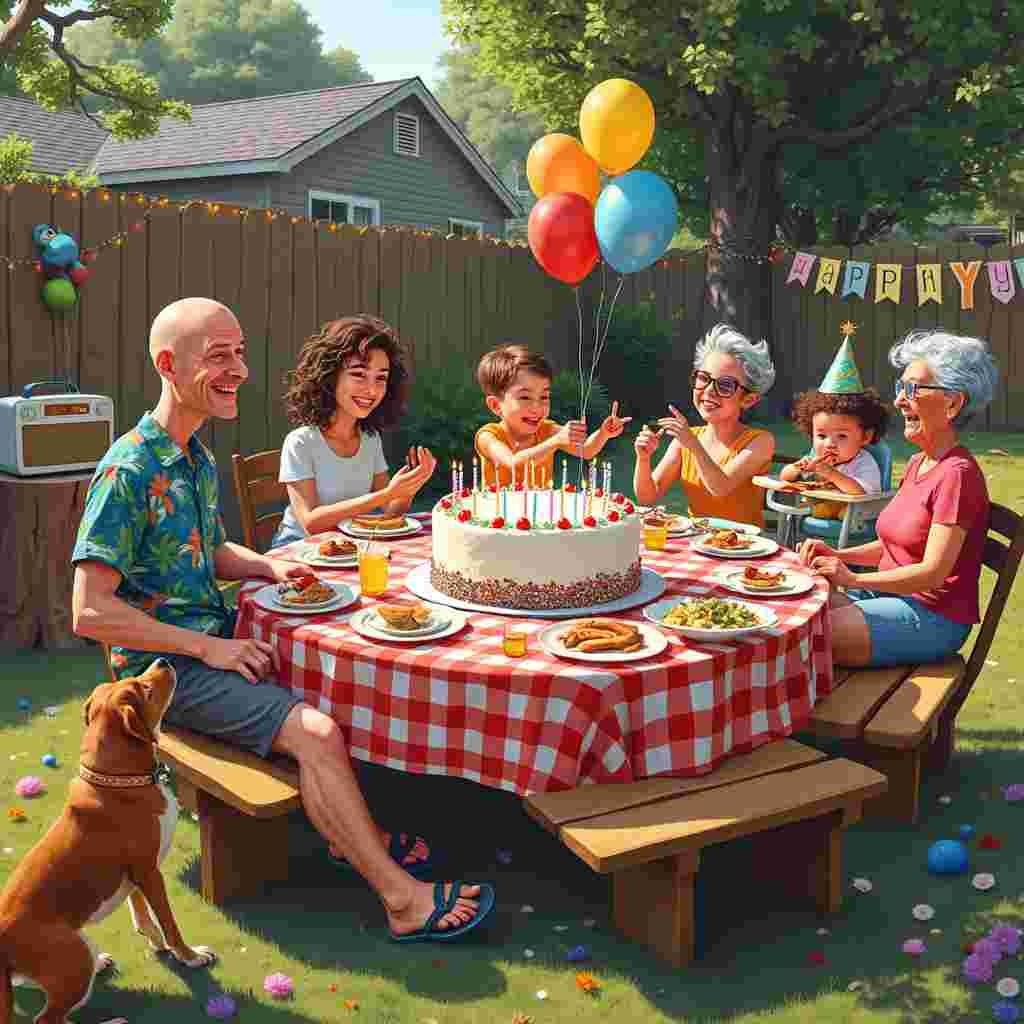 Imagine a cozy suburban backyard on a bright, sunny afternoon. In the center of the scene, there’s a large, round wooden picnic table covered with a vibrant checkered tablecloth in red and white. A hodgepodge of plates filled with different dishes and drinks occupies the table, giving it a festive look. At the head of the table, a large, realistic birthday cake towers, adorned with rainbow sprinkles and a comically exaggerated number of candles. 

Around the table, family and friends are seated, each with unique and expressive faces. On the left, a bald man in a Hawaiian shirt and flip-flops is laughing uproariously, his belly shaking, while his wife, a woman with wild, curly hair and glasses, is caught mid-eye roll, but with a smile on her lips. To the right, a teenager with a shock of blue hair and earbuds hanging from her neck is trying to snap a selfie with her grinning grandmother, who’s wearing a party hat and oversized sunglasses. 

In the foreground, a dog is seen on its hind legs, eagerly eyeing a sausage dangling from a toddler's hand who is sitting on a booster seat, eyes wide with excitement. The toddler's high chair is festooned with colorful balloons, one of which is shaped like a cartoonish unicorn.

Behind this central scene, a group of kids is playing a game of tug-of-war, the rope stretched taut between two uneven teams, their faces showing the strain and thrill of the contest. To the right, a slightly tipsy uncle with a receding hairline and a silly grin is attempting to juggle three brightly colored balls, much to the amusement of the circle of clapping children around him.

In the background, a large, weathered wooden fence is adorned with strings of fairy lights and handmade banners that read "Happy Birthday!" in multicolored letters. There’s a corner where an old-fashioned radio is perched on a tree stump, blasting out classic rock tunes, and next to it, an elderly woman with a cane is tapping her foot to the beat, a twinkle in her eye.

Everywhere you look, there are details that add to the realism and humor of the scene: a cat lazily lounging on the grass, a misplaced garden gnome, a spilled drink on the table with ants starting to congregate, and a mischievous child trying to peek into the gift pile under the tree. This lively and chaotic birthday scene tells a story of togetherness, joy, and the humorous unpredictability of family gatherings.
Generated with these themes: Family and Friends.
Made with ❤️ by AI.