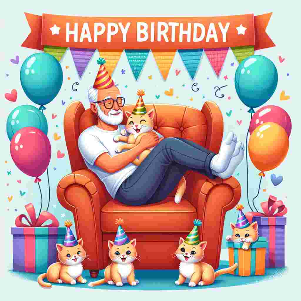 A picturesque illustration showcases a grandad sitting in a cozy armchair, surrounded by playful kittens wearing party hats. Balloons and a 'Happy Birthday' banner adorn the background, creating a warm, celebratory atmosphere.
Generated with these themes: grandad  .
Made with ❤️ by AI.