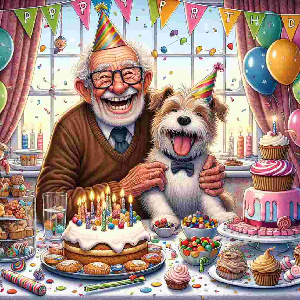A cartoon grandad, with a broad smile, sits at a table full of birthday treats in a room festooned with streamers and confetti. A large 'Happy Birthday' sign hangs overhead as a cheerful pup with a party hat gently nuzzles his leg.
Generated with these themes: grandad  .
Made with ❤️ by AI.