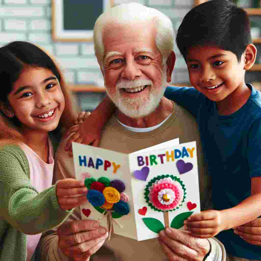 In this heartwarming illustration, a grandad is depicted with his grandchildren, who are presenting him with handmade birthday cards. The 'Happy Birthday' message is part of their colorful creations, adding a personal touch to the engaging scene.
Generated with these themes: grandad  .
Made with ❤️ by AI.