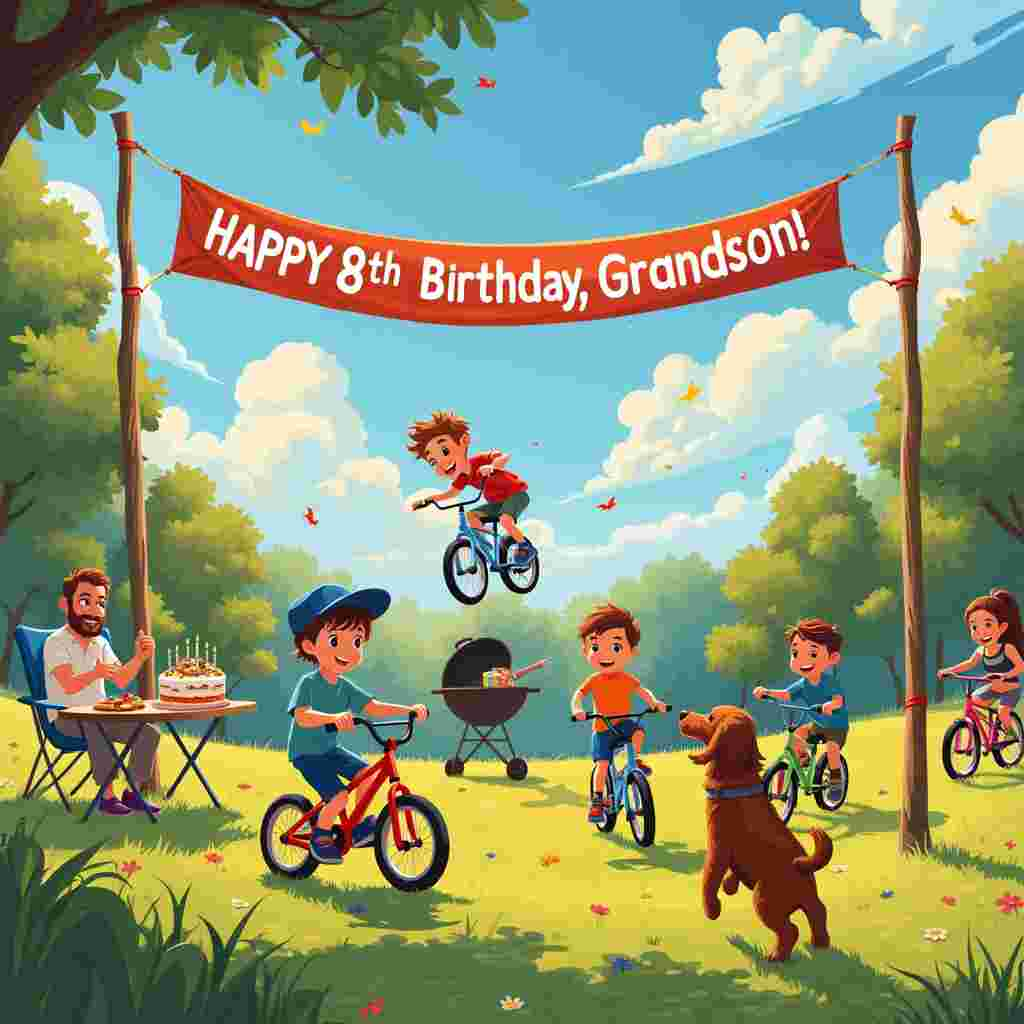 In a sprawling green field under a clear blue sky dotted with fluffy white clouds, a lively birthday celebration is in full swing. At the heart of the scene, a big, colorful banner with "Happy 8th Birthday, Grandson!" flutters in the breeze, tied between two wooden posts. The birthday boy, an energetic 8-year-old with bright brown hair peeking out from under his blue baseball cap, is riding a tiny, vibrant red BMX bike. Beside him, his two brothers, aged 9 and 10, are also zooming around on mini BMX bikes – one bike is electric green and the other a cool metallic blue. 

Their brown Cockapoo, with its curly fur bouncing as it runs, chases after the trio, adding to the playful chaos. To the right, a group of friends on their own mini BMX bikes cheer and perform stunts, creating a dynamic background filled with action and laughter. In the middle of the field, Dad is manning a large BBQ grill, flipping burgers with one hand while adjusting his glasses with the other. He has a bushy brown beard and hair that matches his son's. Nearby, Mum, with her long brown hair tied back in a practical ponytail, is comfortably seated in a folding chair, wearing her favorite purple crocs. She is holding a platter of freshly grilled hot dogs, smiling as she watches the kids.

On a picnic table to the left, colorful wrapped presents and a large, multi-layered cake adorned with BMX bike figurines and 8 sparkling candles await their turn. A gentle wind rustles the leaves of the tall trees that border the field, adding a touch of natural serenity to this vibrant, joyous birthday celebration.
Generated with these themes: Mini BMX Bike, Brown Cockapoo, BBQ, Friends on mini BMX bikes, 8 years old, Grandson, Fields, Happy Birthday, Birthday boy with baseball cap and brown haur, Two brothers age 9 and 10 on mini bmx bikes, Dad with brown hair and beard cooking bbq, and Mum long brown hair and crocs.
Made with ❤️ by AI.