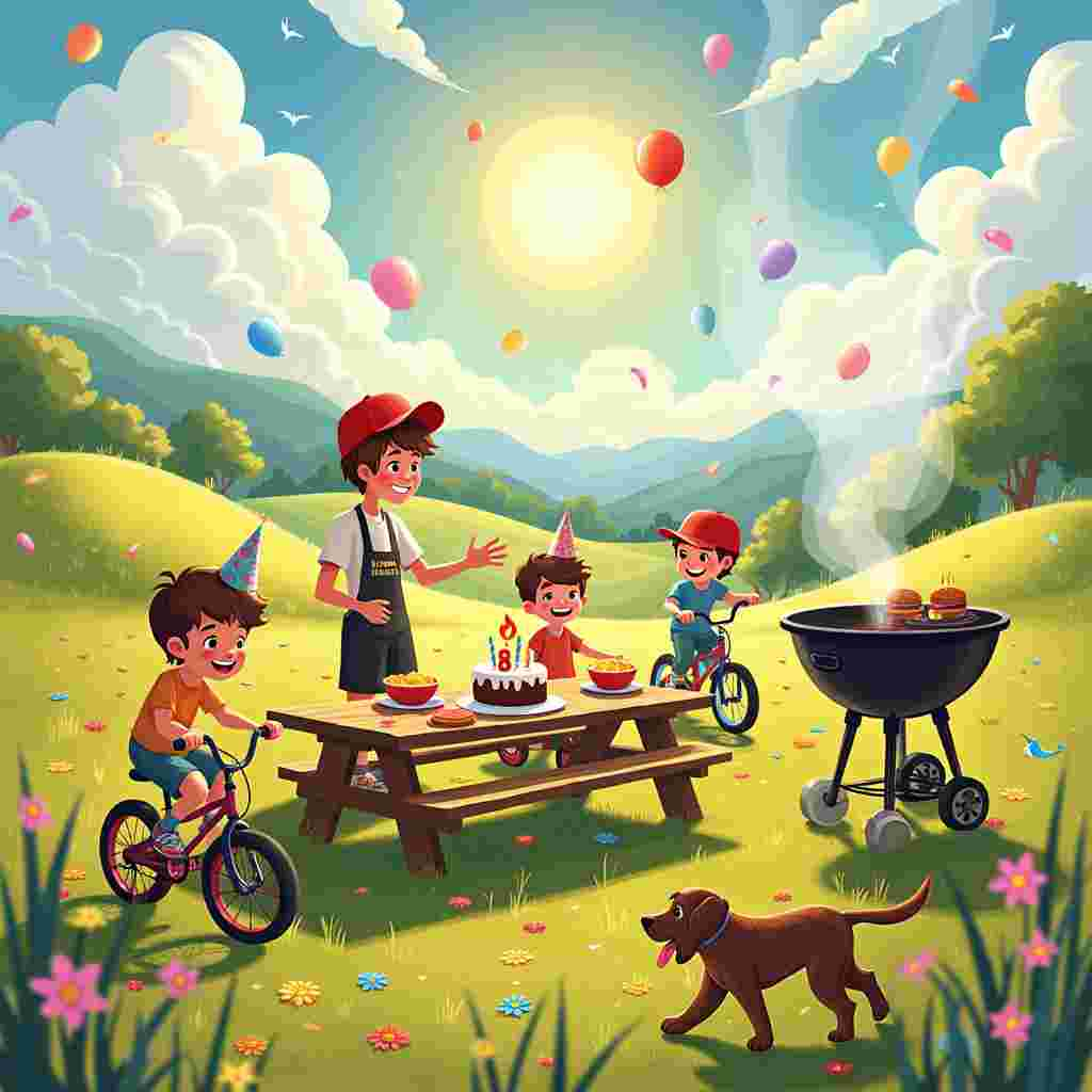 In a vast, sun-drenched field adorned with patches of wildflowers and tall, waving grasses, a lively birthday scene unfolds. At the center, a sturdy wooden picnic table is laden with colorful plates, party hats, and a large cake adorned with an '8' candle, announcing the special occasion for the birthday boy, a spunky lad with brown hair peeking out from under a bright red baseball cap. The birthday boy, perched confidently on a mini BMX bike, wears a grin that showcases a missing tooth. His two brothers, ages 9 and 10, each on their own vibrant mini BMX bikes, are performing playful stunts and laughing boisterously. Nearby, a jovial Dad with brown hair and a scruffy beard, wearing a "Grill Master" apron, expertly flips burgers on a classic black BBQ grill. The smoke from the grill curls lazily upward, carrying the mouthwatering aroma of sizzling meat. 

A friendly brown Cockapoo bounds energetically around the field, occasionally pausing to chase its tail or beg for scraps near the BBQ. Friends, also on mini BMX bikes, race around the field, their laughter mingling with the sizzling sounds of the grill. Among the group, Mum, with her long brown hair flowing freely and adorned in cheerful floral-patterned Crocs, sets out bowls of chips and dips on the picnic table, her smile warm and welcoming. The backdrop features rolling green hills under a brilliant blue sky, with the sun casting long, playful shadows on the field. In large, playful letters above the scene, "Happy Birthday, Grandson!" is written, with colorful balloons and streamers adding to the festive air. The whole scene is alive with vibrant activity, capturing the joyous essence of an 8-year-old's birthday celebration with family and friends.
Generated with these themes: Mini BMX Bike, Brown Cockapoo, BBQ, Friends on mini BMX bikes, 8 years old, Grandson, Fields, Happy Birthday, Birthday boy with baseball cap and brown haur, Two brothers age 9 and 10 on mini bmx bikes, Dad with brown hair and beard cooking bbq, and Mum long brown hair and crocs.
Made with ❤️ by AI.