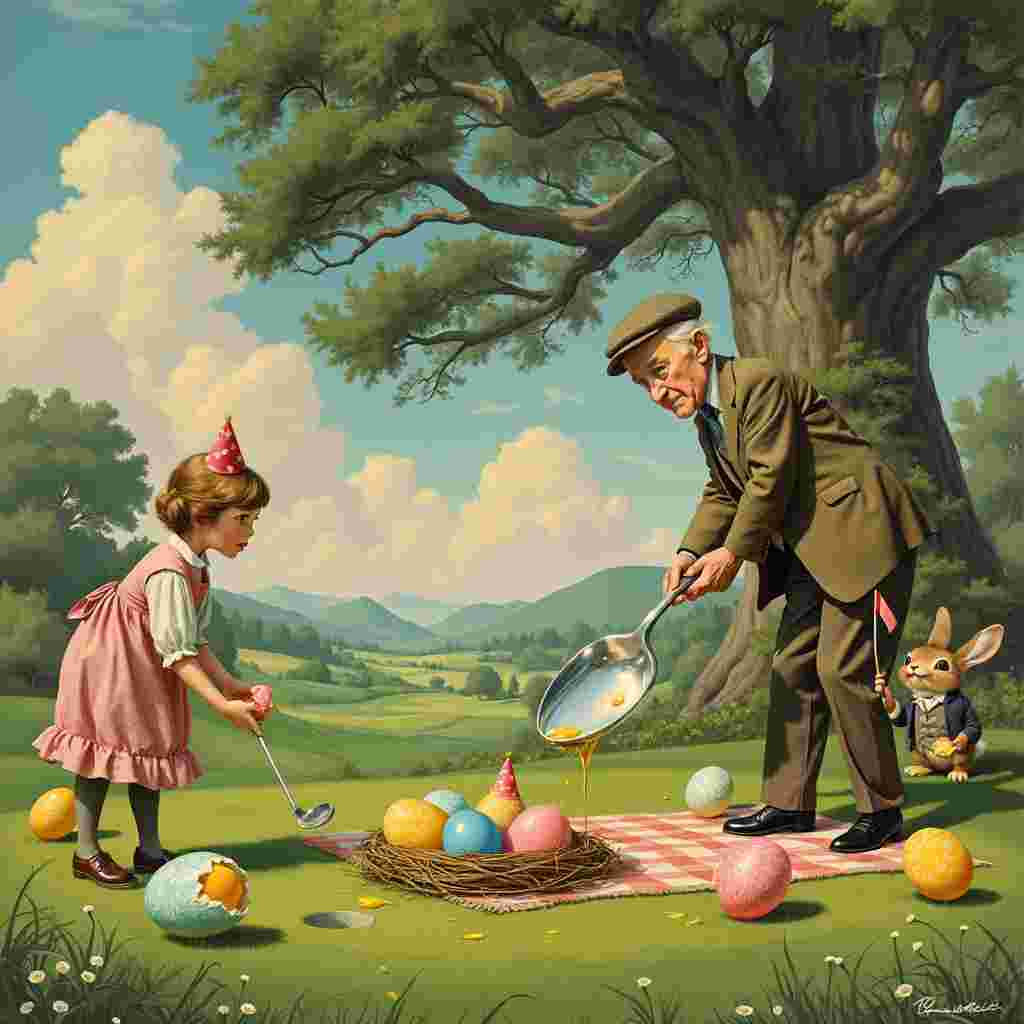 In a picturesque, gently rolling landscape reminiscent of Norman Rockwell's idyllic small-town scenes, imagine a whimsical golf course where the greens are dotted not with the typical golf balls, but with oversized, glossy eggs of various pastel colors. Each egg, painted with intricate patterns akin to those in Beatrix Potter's illustrations, is being pursued by a series of delightfully eccentric characters straight out of Maurice Sendak's or Quentin Blake's imaginations.

At the center of the scene, an elderly gentleman with a dapper golf outfit, complete with tweed knickerbockers and an old-fashioned flat cap, takes a mighty swing. His club, however, is not an ordinary one but a giant silver spoon, polished to a high sheen, reflecting the sunlight with a glimmering brilliance reminiscent of Maxfield Parrish's vibrant works. The spoon is mid-swing, capturing the moment of impact with an egg, which instead of cracking, seems to hover magically for a split second, a bit of yolk peeking out mischievously.

To the left, a young woman dressed in Edwardian attire, inspired by Aubrey Beardsley's delicate and intricate designs, watches with a bemused expression as her egg-shaped golf ball rolls towards a hole that is curiously adorned with a small nest, complete with three chirping baby chicks, adding a touch of Arthur Rackham’s nature-inspired charm. Each chick wears a tiny party hat, indicating the birthday celebration.

In the background, a tree that could have sprung from an N.C. Wyeth painting spreads its ancient, gnarled branches, under which a quirky picnic scene unfolds. A family, inspired by Edward Gorey's quirky characters, lounges on a checkered blanket. They are eating sandwiches, but instead of the usual fillings, these are egg salad sandwiches made with technicolor eggs that seem almost too pretty to eat. The family’s pet, a mischievous-looking rabbit in a waistcoat, peeks out from behind the tree, holding a golf flag in one paw and a cracked egg in the other.

Above, a sky of rich, Gustave Doré-esque clouds casts a gentle, almost ethereal light over the scene, creating a dreamlike quality. The finishing touch is a banner strung between two whimsical, slightly crooked trees, reading "Egg-cellent Birthday Golf!" in playful, hand-lettered script that swirls and curls like Quentin Blake's joyful lines.

This detailed, vivid scene combines the themes of eggs and golf into a unique, storytelling birthday greeting card, paying homage to the artistic influences while telling an enchanting, humorous tale.
Generated with these themes: Eggs is Eggs and golf.
Made with ❤️ by AI.