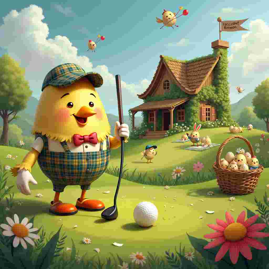 Picture a sunlit, whimsical golf course with rolling green hills and cartoonish, oversized flowers nodding in the breeze. In the center, a jovial, rotund egg with tiny arms and legs, dressed in classic golf attire complete with a plaid flat cap, is poised to swing a comically large golf club. The egg's expression is one of determined concentration, with a furrowed brow and a cheeky smile. Nearby, a colorful chicken caddy, wearing a bow tie and an apron, holds a basket filled with a variety of eggs, each with different facial expressions and tiny golf accessories like visors and gloves. 

On the ground, the golf ball is cleverly replaced by a slightly cracked egg, ready to be teed off, its yolk peeking through mischievously. In the background, a rustic clubhouse stands with ivy creeping up its walls and a sign reading "Happy Birthday Open!" festooned with balloons. Other anthropomorphic eggs are seen in the distance, some cheering, some lounging on picnic blankets with tiny egg sandwiches and drinks. 

Adding to the quirky details, a rabbit in a caddy outfit is chasing after an egg that has broken free and is rolling down a hill, causing a tiny egg avalanche. In the sky, fluffy clouds are shaped like golf clubs and eggs, while birds with tiny golf caps fly overhead, carrying banners that read "Fore!" and "Eggcellent Birthday!"

The scene is a delightful mix of golf and eggs, with every element bursting with personality and playful details, ensuring it tells a captivating and humorous story.
Generated with these themes: Eggs is Eggs and golf.
Made with ❤️ by AI.