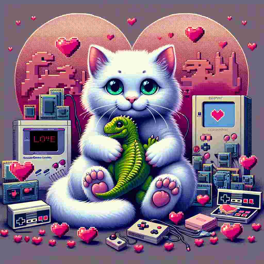 A whimsically charming Valentine's Day illustration blending the retro and eccentric. At the center, a fluffy white feline with enchanting green eyes cradles a modest dinosaur toy in its paws. Against the background, a classic games console sits atop a tiny duplicated model of a computer motherboard, doubling as a love altar. Numerous pixelated hearts flutter about the setting, amongst 8-bit representations of generic video game characters from an erstwhile era of gaming.
Generated with these themes: Retro video games, White cat green eyes, Dinosaurs , Circuit Boards, and Amiga Games console.
Made with ❤️ by AI.