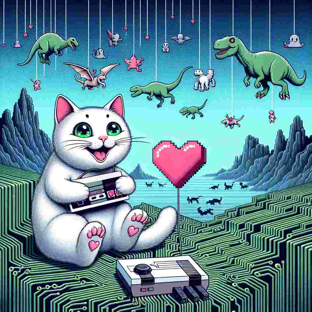 Create a charming Valentine's Day themed image which features a cherubic white cat with emerald green eyes, joyously perched on a technologically advanced circuit board landscape. In the distance, embedded in the horizon are silhouettes of dinosaurs, hinting at their adorable pixelated forms. Hovering above this nostalgic vista are characters reminiscent of retro video games, hanging from strings as if they are festive decorations. At the heart of the scene is a vintage games console, extravagantly decorated with a heart, serving as a quirky centerpiece that symbolizes both love and a golden era of video gaming.
Generated with these themes: Retro video games, White cat green eyes, Dinosaurs , Circuit Boards, and Amiga Games console.
Made with ❤️ by AI.