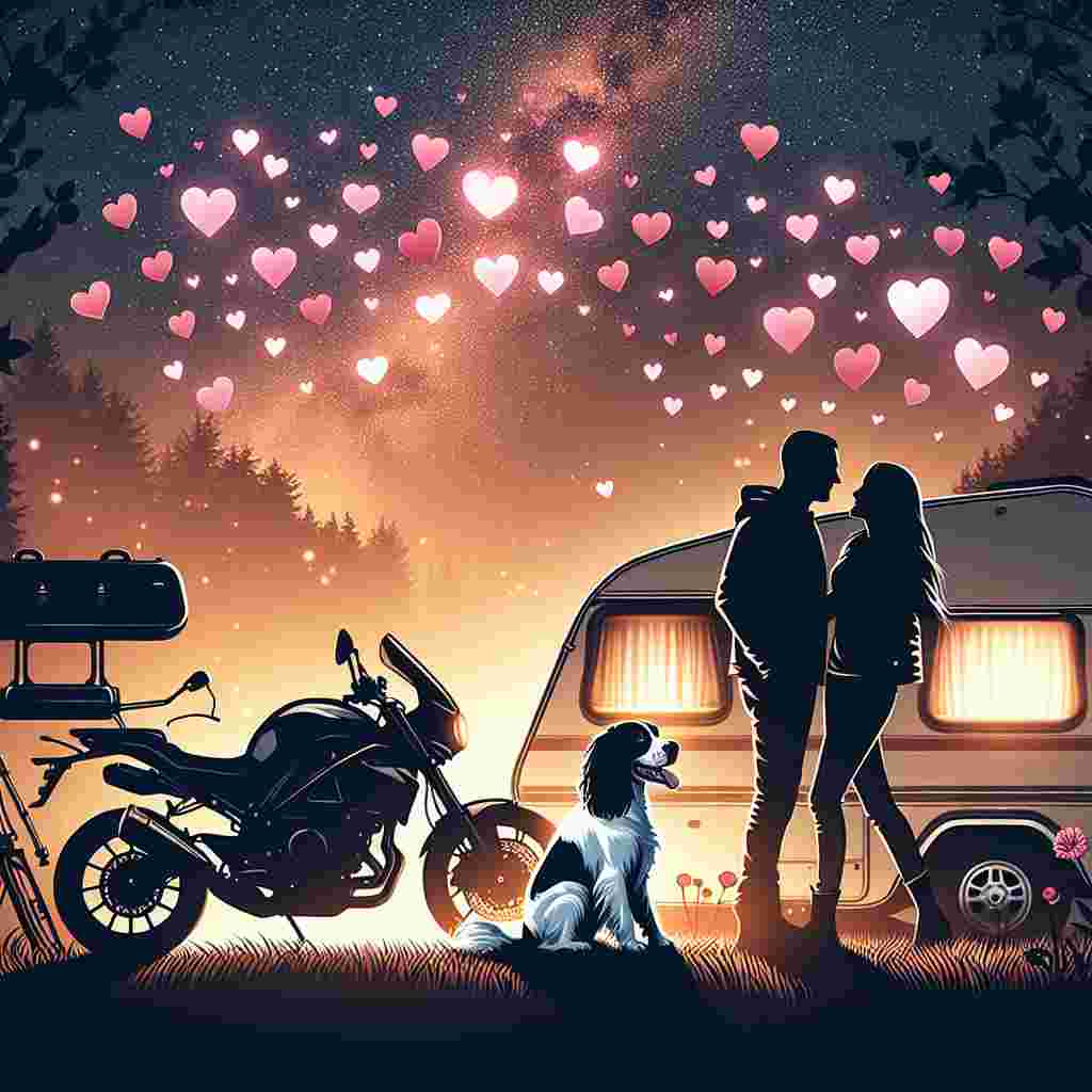 Create a Valentine's Day-themed illustration showing a silhouette of a romantically entwined adventurous couple against the night sky. They are next to a cozy caravan with two sleek sports bikes ready for their next journey. The couple's Springer Spaniel dog looks up at them, tail wagging, surrounded by hearts floating gently in the air, creating a warm and loving atmosphere on a spring evening.
Generated with these themes: Sexy couple silhouette , Caravan, Two Ducati sports bikes , Springer spaniel, and Hearts.
Made with ❤️ by AI.