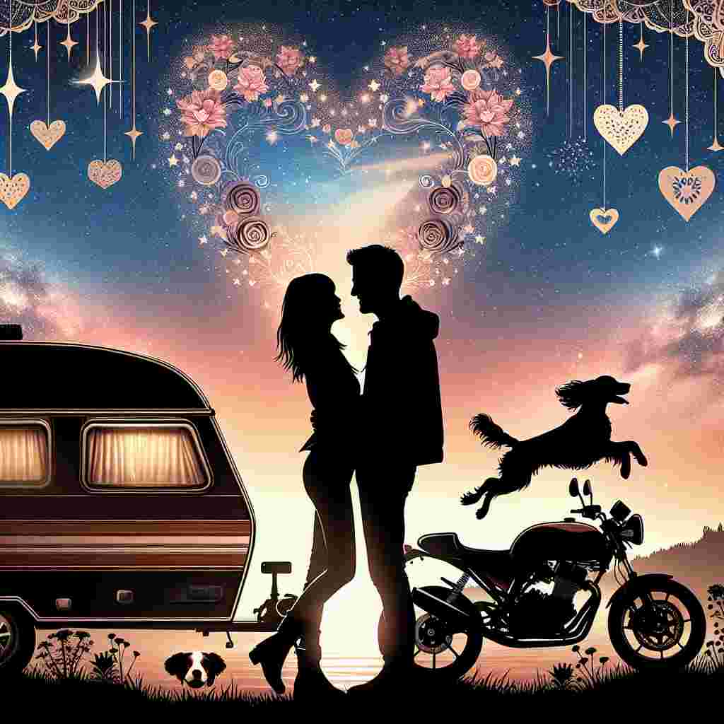 Generate a charming Valentine's Day image featuring the silhouette of an affectionate couple embracing each other closely near a vintage caravan parked under a sky full of twinkling stars. The woman is Asian and the man is Caucasian. Nearby, two glossy sports bikes, subtly hinting at a recent thrilling adventure. A playful Springer Spaniel, its silhouette vivaciously jumping around adding a sense of dynamic motion to the scene. The background is artistically decorated with whimsical hearts, signifying the romance omnipresent in the atmosphere on this special occasion.
Generated with these themes: Sexy couple silhouette , Caravan, Two Ducati sports bikes , Springer spaniel, and Hearts.
Made with ❤️ by AI.