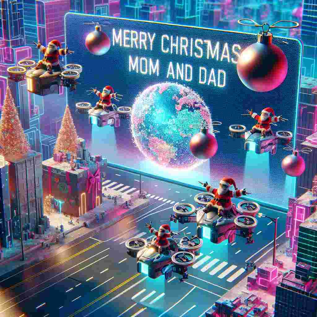 A futuristic cityscape where drones are dressed as tiny Santas flying motorbikes, each carrying a unique ornament symbolic of different places in the world. In the center, a digital billboard projects a heartfelt 'Merry Christmas, mom and dad' message amidst the abstract neon Christmas-themed decor.
Generated with these themes: Christmas/ motorbike/ travel.
Made with ❤️ by AI.